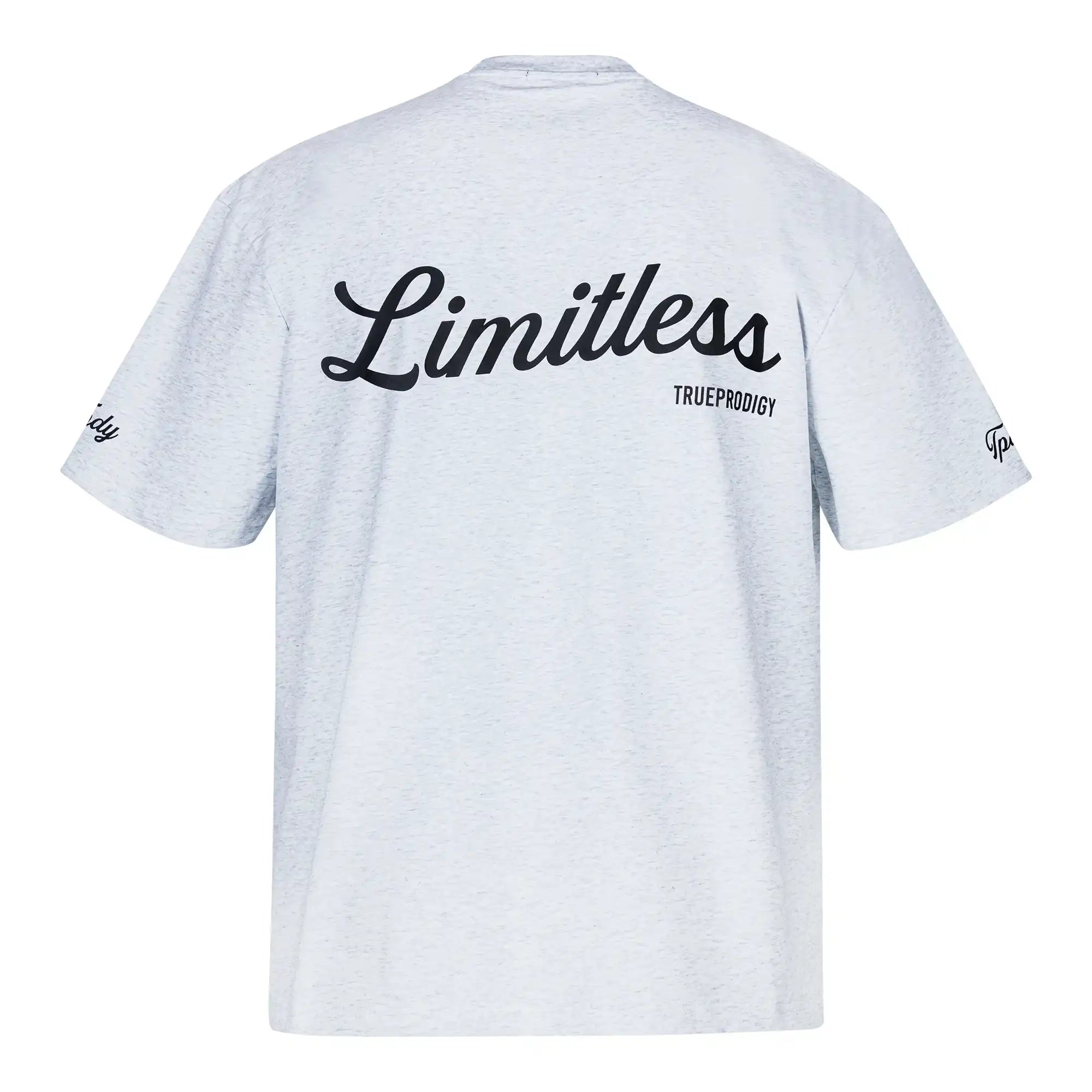 Das trueprodigy Kai Oversize-Herren-T-Shirt zeigt "LIMITLESS" in Fettdruck auf dem Rücken, darunter das schwarze Markenlogo und Textakzente am Ärmel. Hergestellt aus dickem Jersey-Stoff für Komfort.
