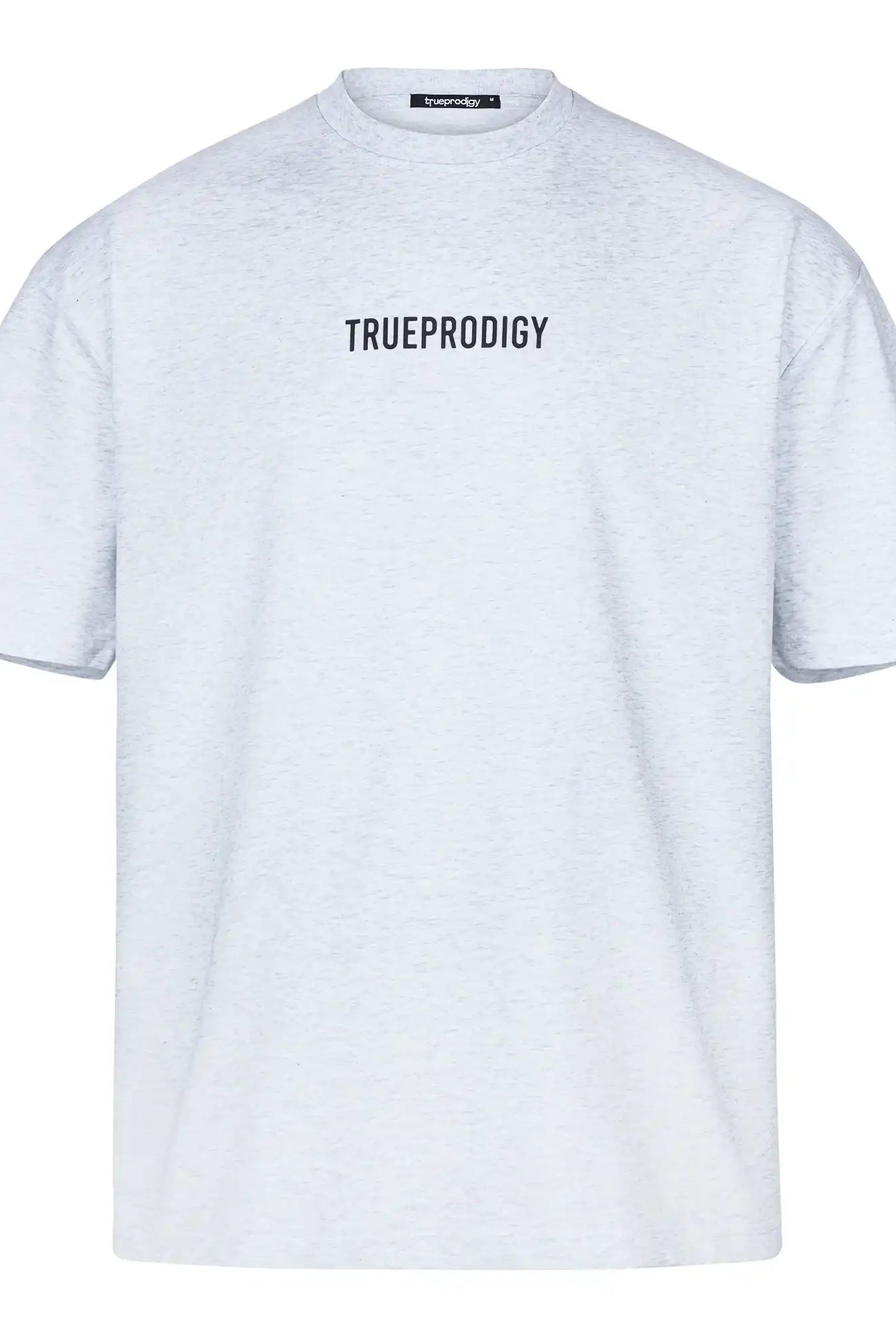 Das trueprodigy Kai Oversize Herren-T-Shirt hat ein Logo auf der Vorderseite, einen "LIMITLESS"-Print auf der Rückseite und ist aus dickem Jersey-Stoff in Hellgrau auf weißem Grund gefertigt.