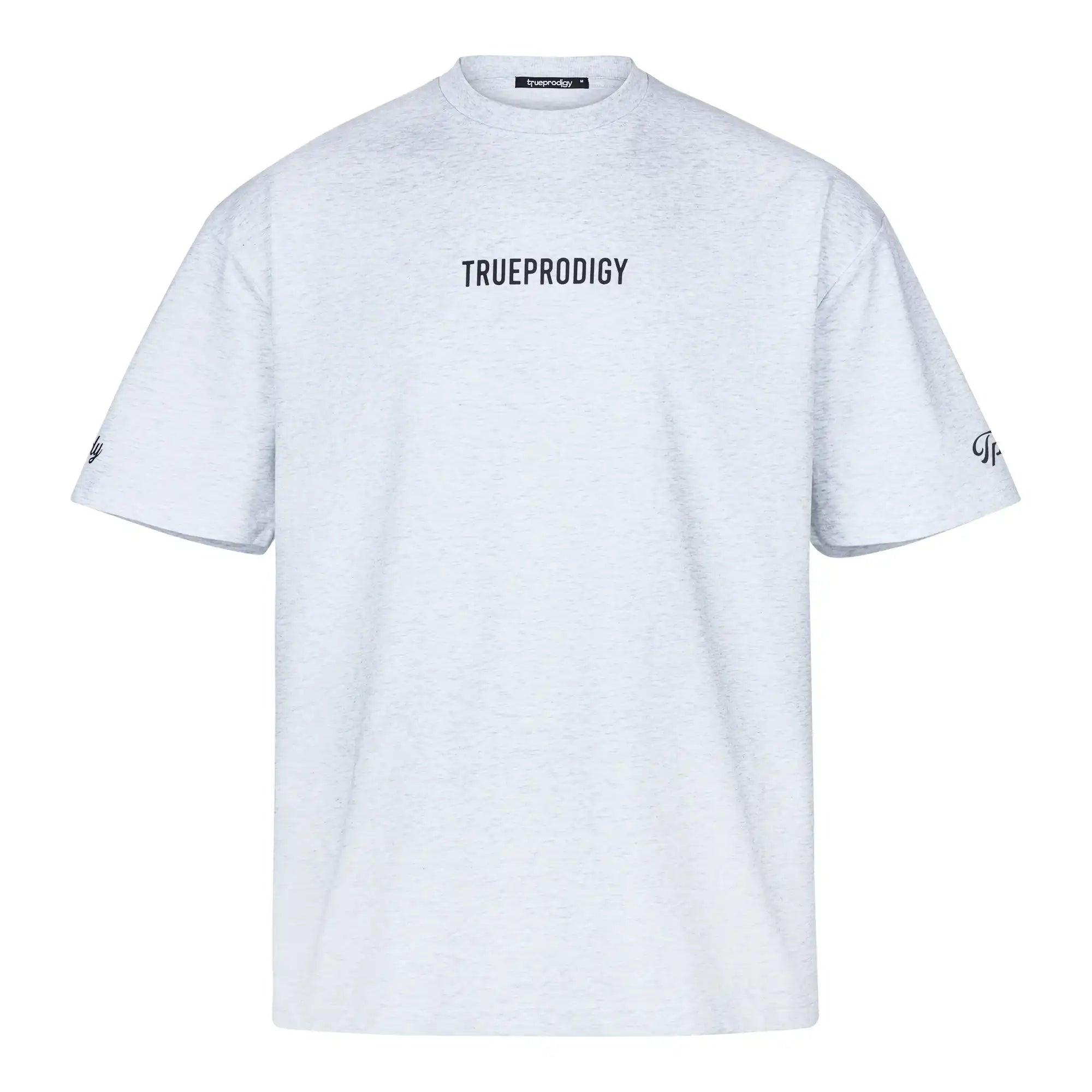 Das trueprodigy Kai Oversize Herren-T-Shirt hat ein Logo auf der Vorderseite, einen "LIMITLESS"-Print auf der Rückseite und ist aus dickem Jersey-Stoff in Hellgrau auf weißem Grund gefertigt.