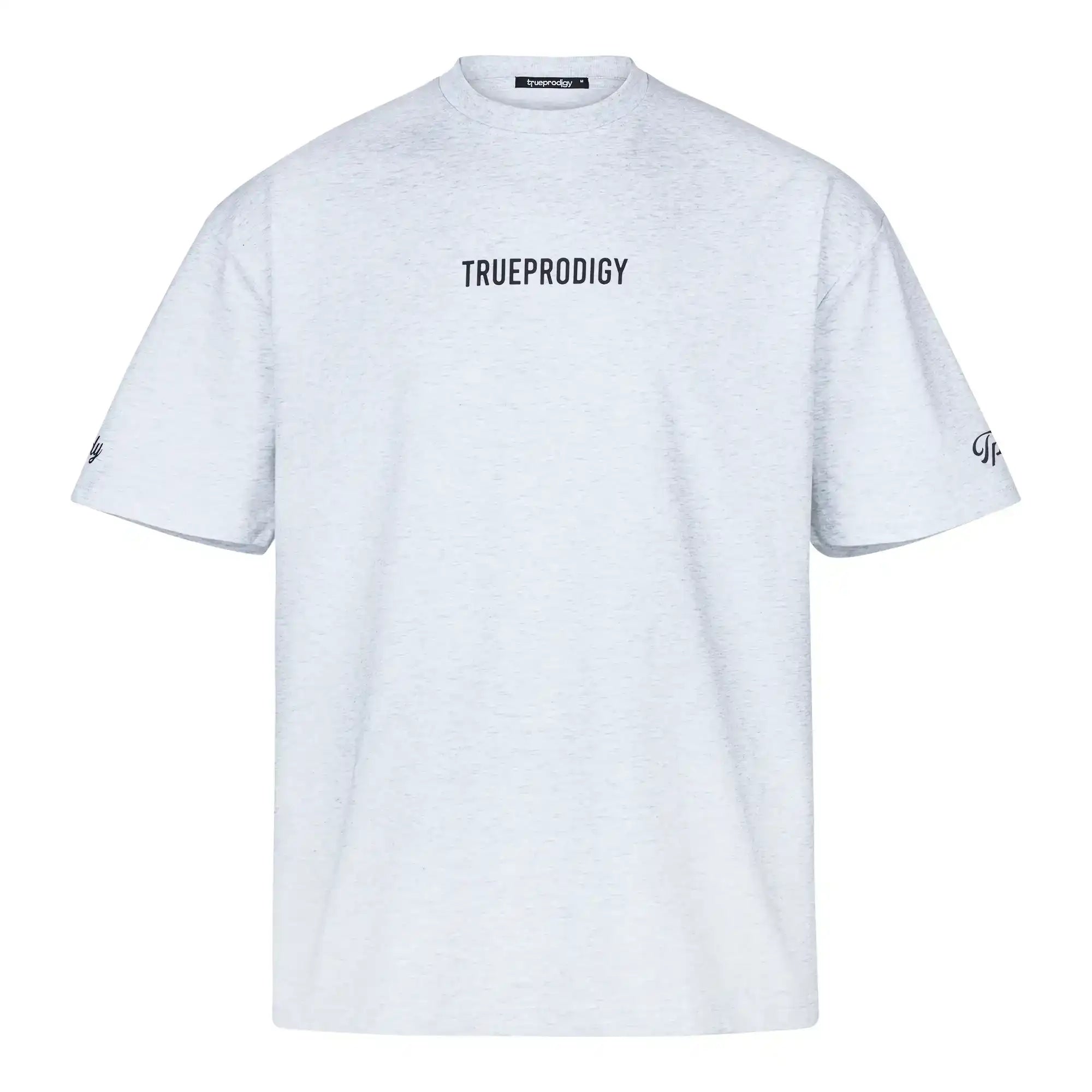 Das trueprodigy Kai Oversize Herren-T-Shirt hat ein Logo auf der Vorderseite, einen "LIMITLESS"-Print auf der Rückseite und ist aus dickem Jersey-Stoff in Hellgrau auf weißem Grund gefertigt.
