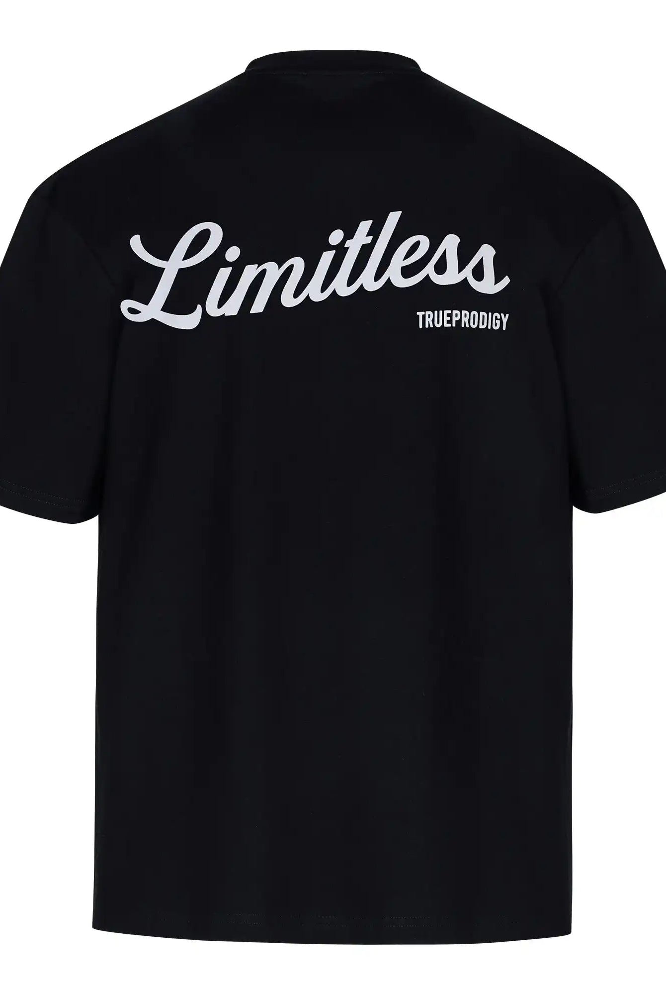 Das Kai F Oversize-Damen-T-Shirt von trueprodigy hat einen schwarzen, bequemen Jersey-Stoff mit einem Rückenprint: "LIMITLESS" in großer weißer Schreibschrift und TRUEPRODIGY in kleinen Großbuchstaben darunter.
