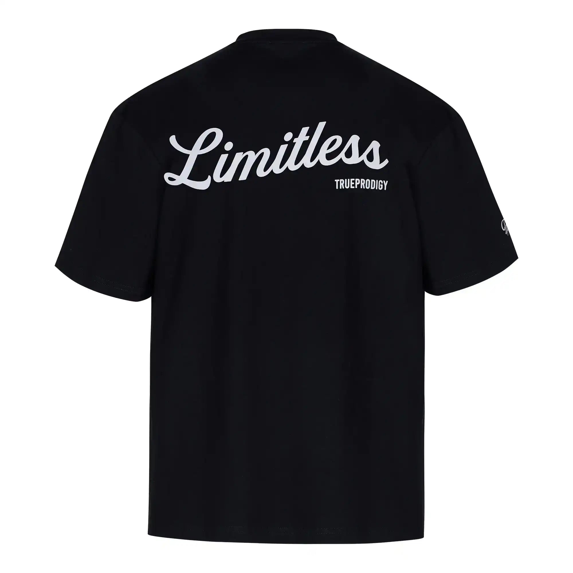 Das Kai F Oversize-Damen-T-Shirt von trueprodigy hat einen schwarzen, bequemen Jersey-Stoff mit einem Rückenprint: "LIMITLESS" in großer weißer Schreibschrift und TRUEPRODIGY in kleinen Großbuchstaben darunter.