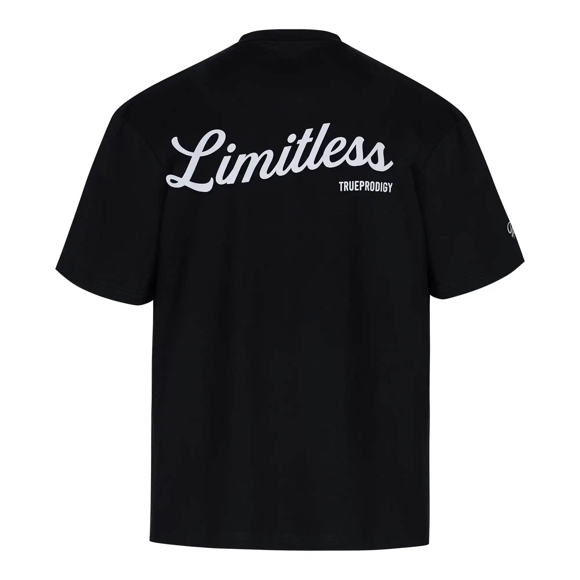 Das Kai Oversize-Herren-T-Shirt von trueprodigy ist ein schwarzes Unisex-T-Shirt aus dickem Jersey mit "LIMITLESS" in großer weißer Schrift und trueprodigy-Branding, aufgedruckt auf dem oberen Rücken.