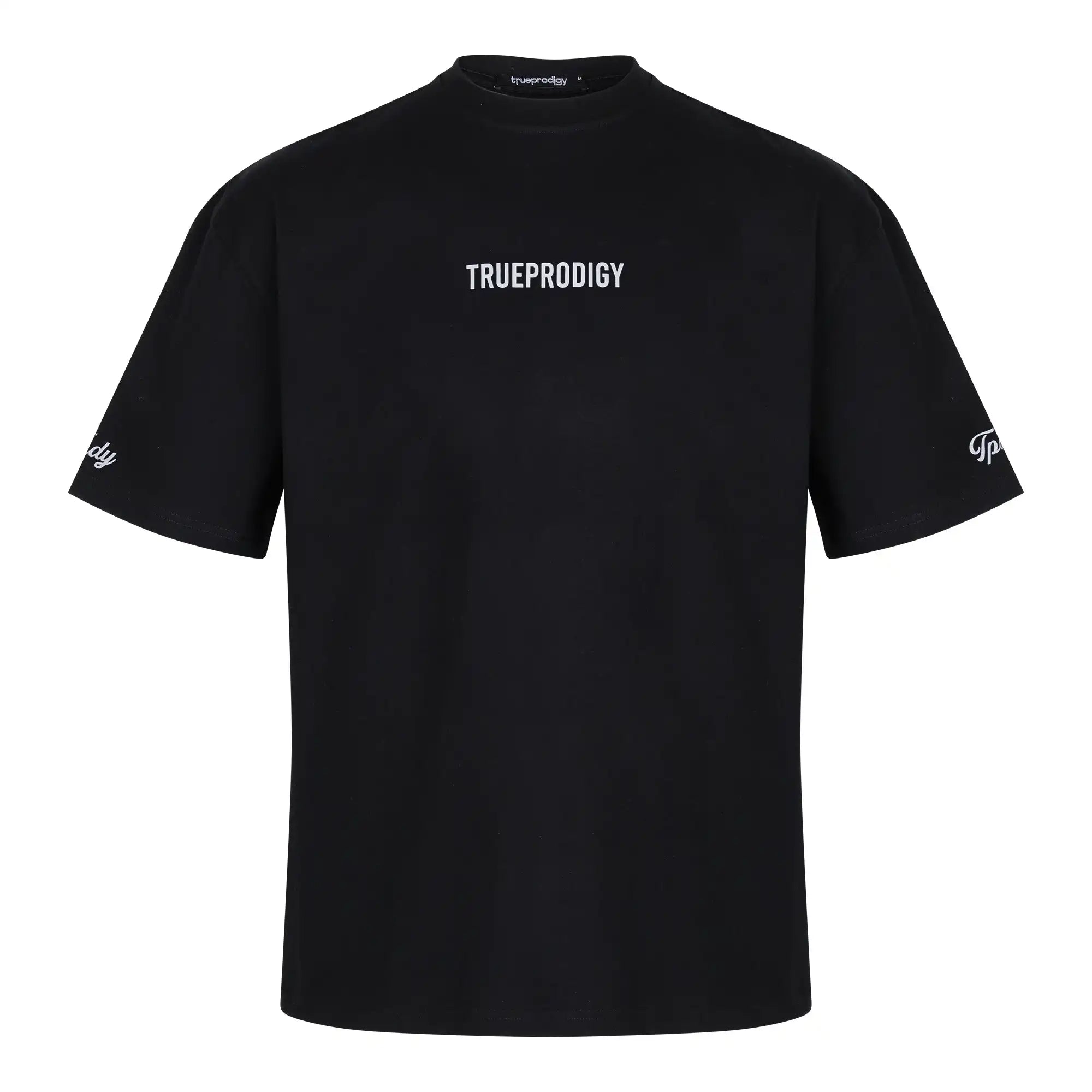 Das übergroße Herren-T-Shirt Kai von trueprodigy hat einen "LIMITLESS"-Rückendruck und ein Markenlogo auf der Vorderseite und ist aus dickem Jersey-Stoff in schlichtem Schwarz mit weißen Akzenten gefertigt. Das Unisex-Shirt ist auf einem weißen Hintergrund abgebildet.