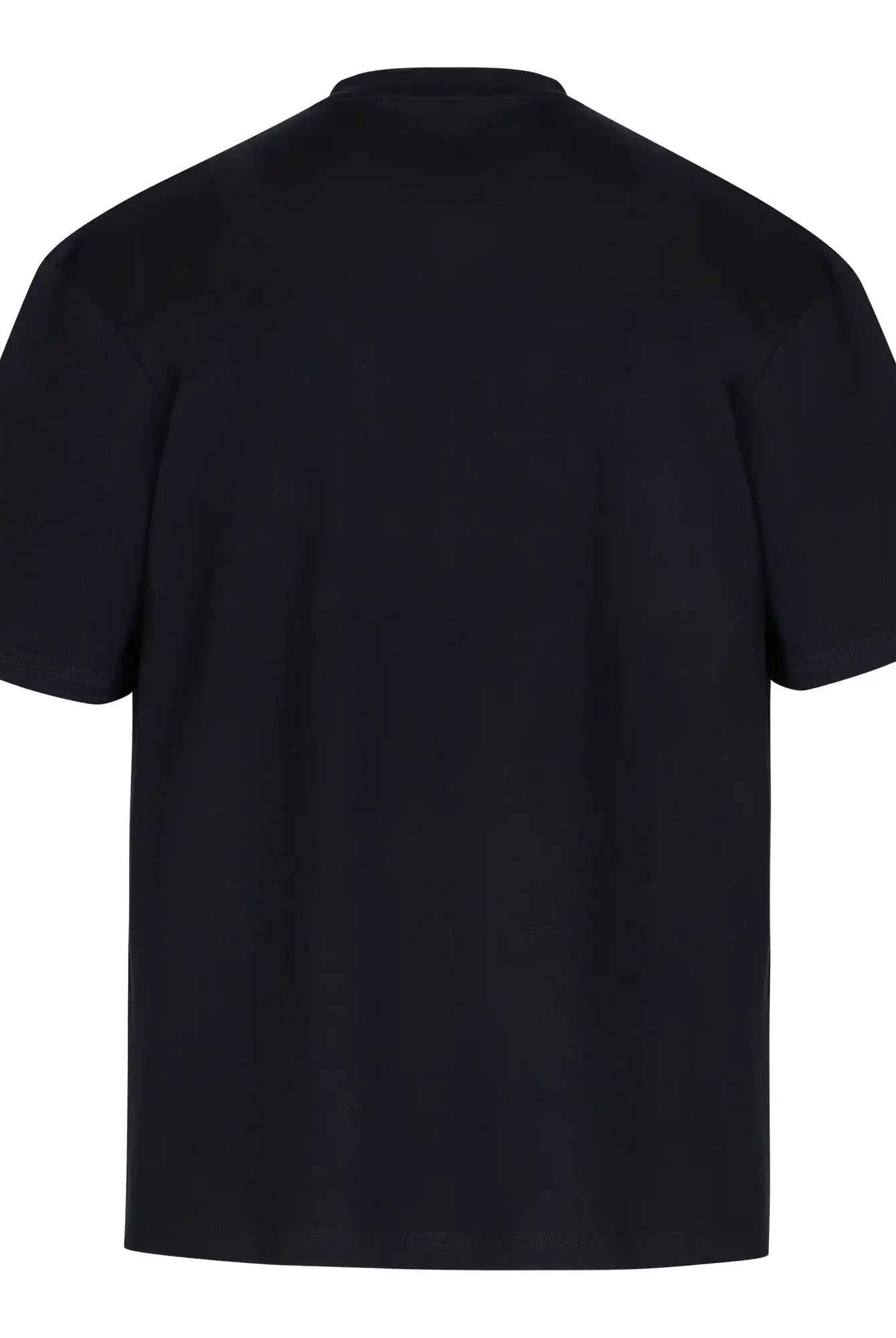 Das Ravi Oversize-Shirt von trueprodigy ist von hinten auf einem weißen Hintergrund abgebildet. Dieses schwarze Unisex-T-Shirt hat eine schlichte Rückseite für einen sauberen Look, während die Vorderseite ein fettes trueprodigy-Logo zeigt. Hergestellt aus schwerem Jersey-Stoff.