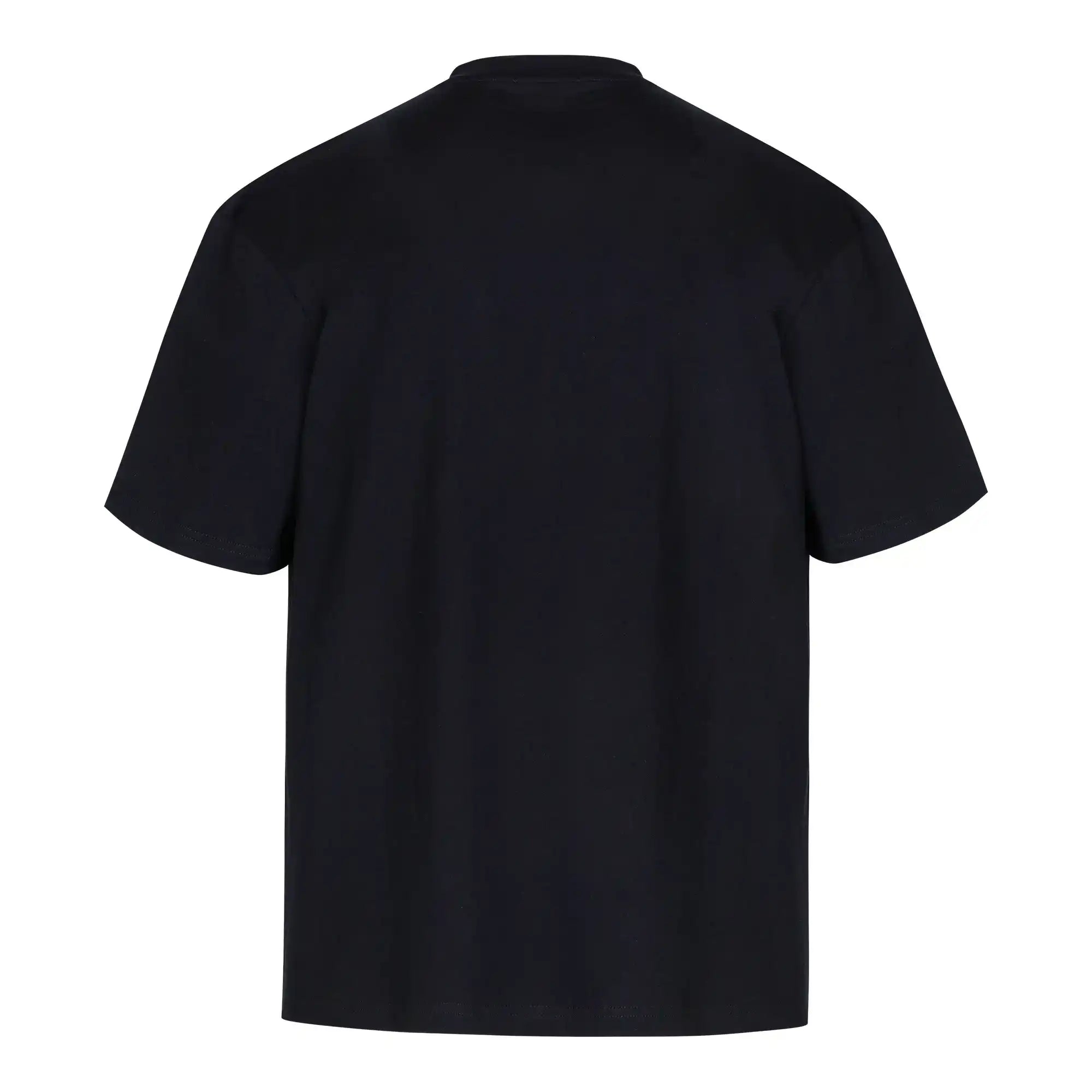 Das Ravi Oversize-Shirt von trueprodigy ist von hinten auf einem weißen Hintergrund abgebildet. Dieses schwarze Unisex-T-Shirt hat eine schlichte Rückseite für einen sauberen Look, während die Vorderseite ein fettes trueprodigy-Logo zeigt. Hergestellt aus schwerem Jersey-Stoff.