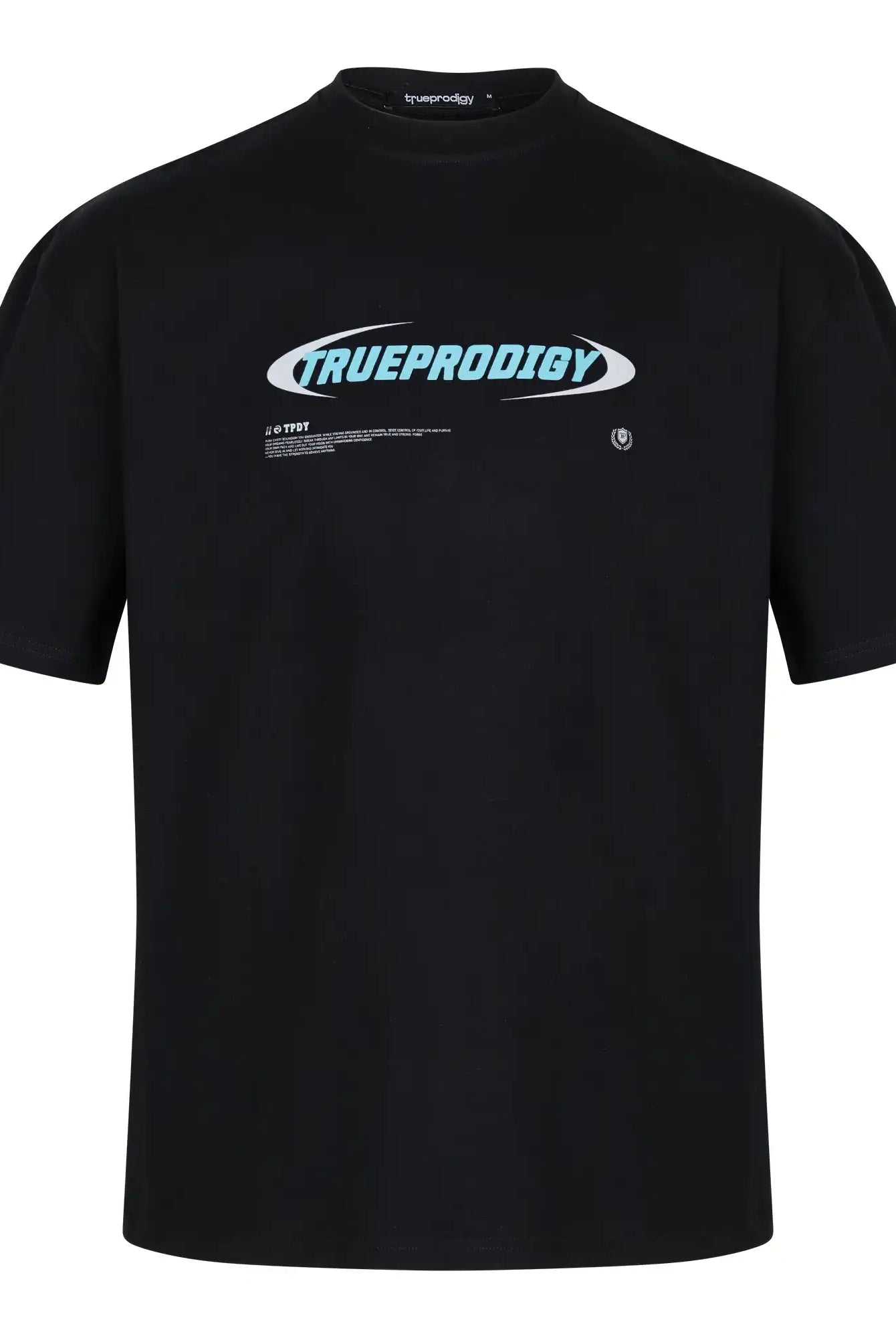 Das Ravi F Oversize-T-Shirt von trueprodigy ist ein schwarzes Unisex-Top aus dickem Jersey-Stoff mit kurzen Ärmeln, Rundhalsausschnitt und einem blau-weißen TRUEPRODIGY-Frontprint sowie kleinem weißen Text darunter.