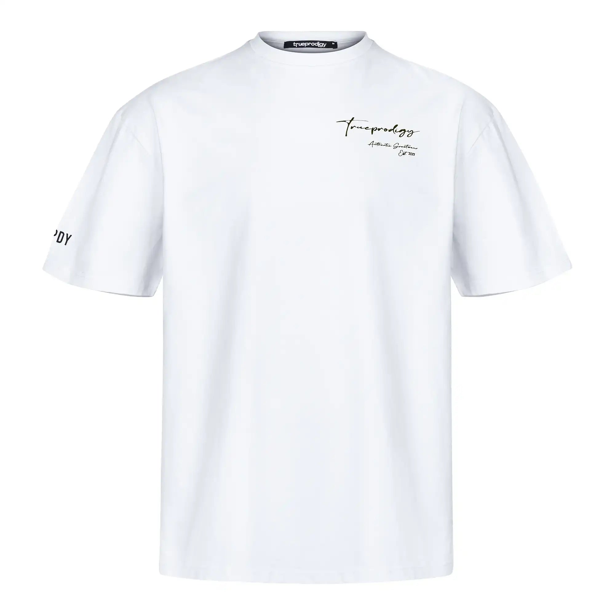 Das Marin F Oversize-T-Shirt von trueprodigy hat eine entspannte Passform in weißem Jersey, mit feinem Logo-Schriftzug auf der linken Brust und TPDY-Print auf dem Ärmel, abgeschlossen mit einem klassischen Rundhalsausschnitt.