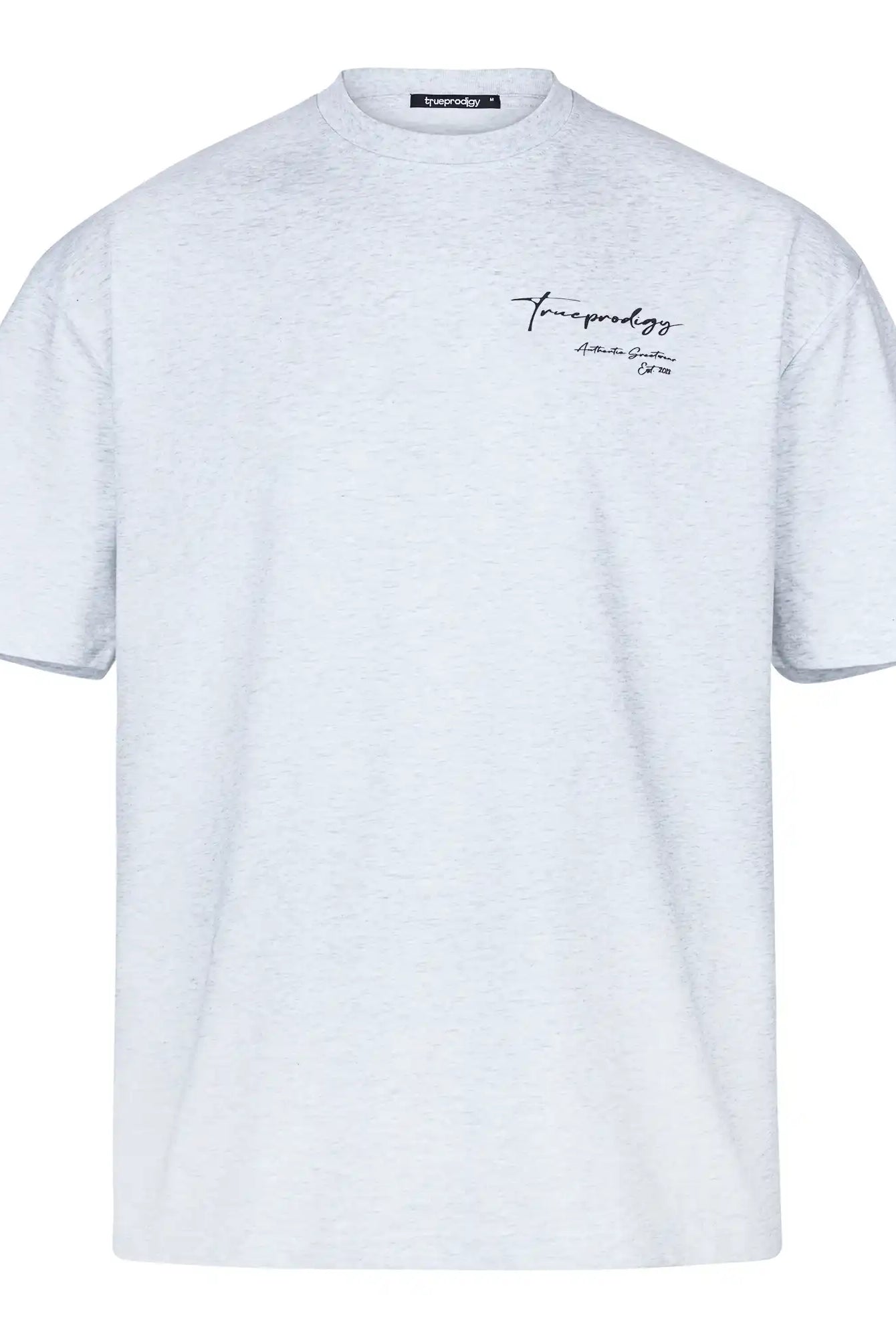 Das trueprodigy Marin Oversize-T-Shirt ist ein unisex Shirt aus dickem Jersey-Stoff in Hellgrau mit Rundhalsausschnitt, kurzen Ärmeln und kleinem schwarzen Schriftzug auf der linken Brust.