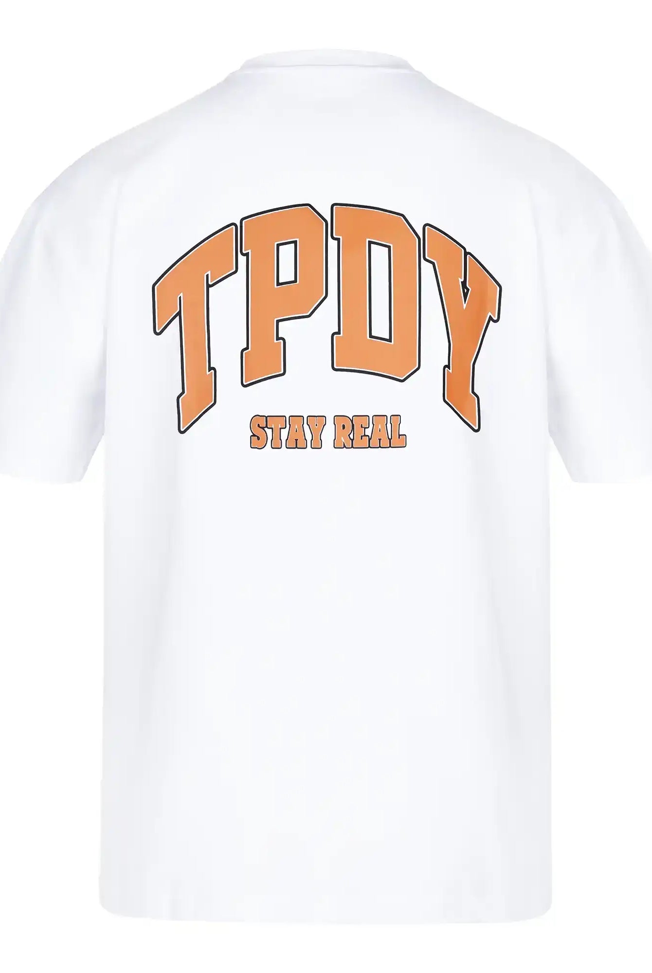 Das Arin Oversize-Shirt mit TPDY-Logo & Rückenprint "Stay Real" von trueprodigy ist ein weißes Unisex-T-Shirt aus dickem Jersey, mit großen orangen "TPDY"-Buchstaben und dem Slogan "STAY REAL" am Rücken.