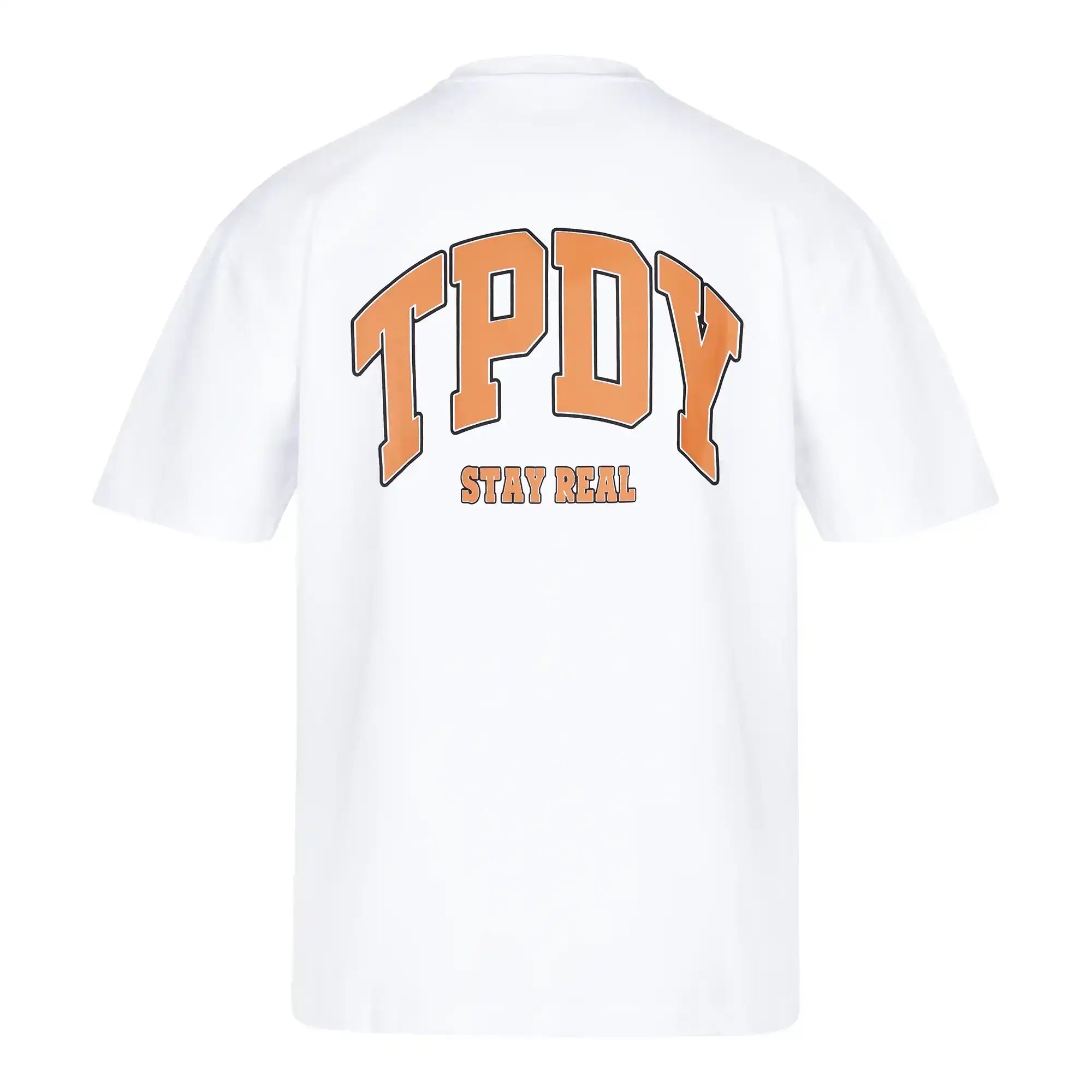 Das Arin Oversize-Shirt mit TPDY-Logo & Rückenprint "Stay Real" von trueprodigy ist ein weißes Unisex-T-Shirt aus dickem Jersey, mit großen orangen "TPDY"-Buchstaben und dem Slogan "STAY REAL" am Rücken.