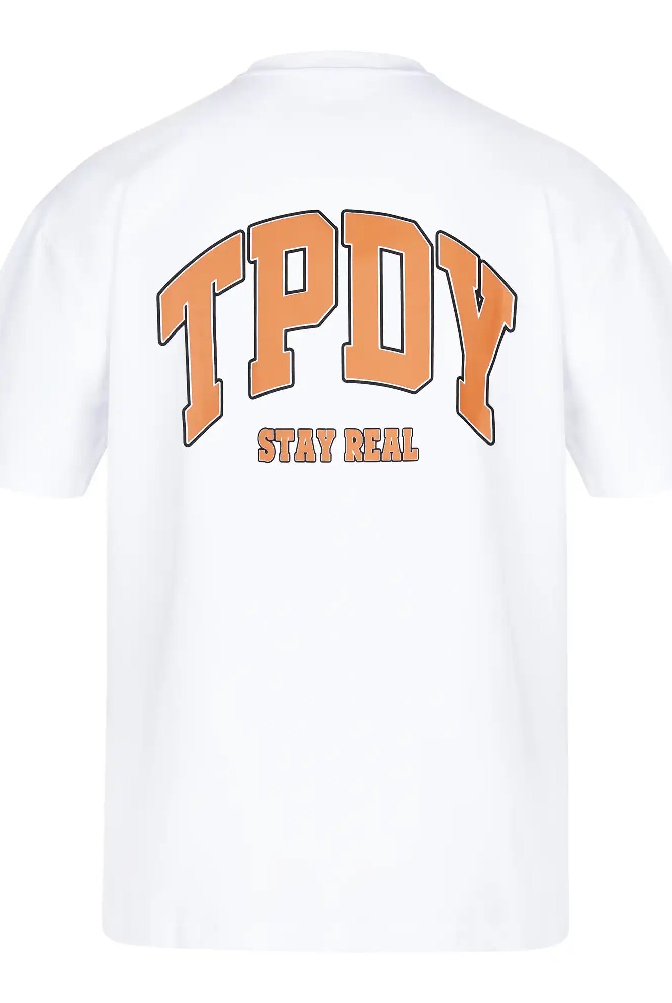 Das Oversize-Shirt mit TPDY-Logo & Rückenprint "Stay Real" von trueprodigy ist hinten mit großen orangen TPDY-Buchstaben und dem Schriftzug "STAY REAL" in kleinerer Schrift bedruckt.