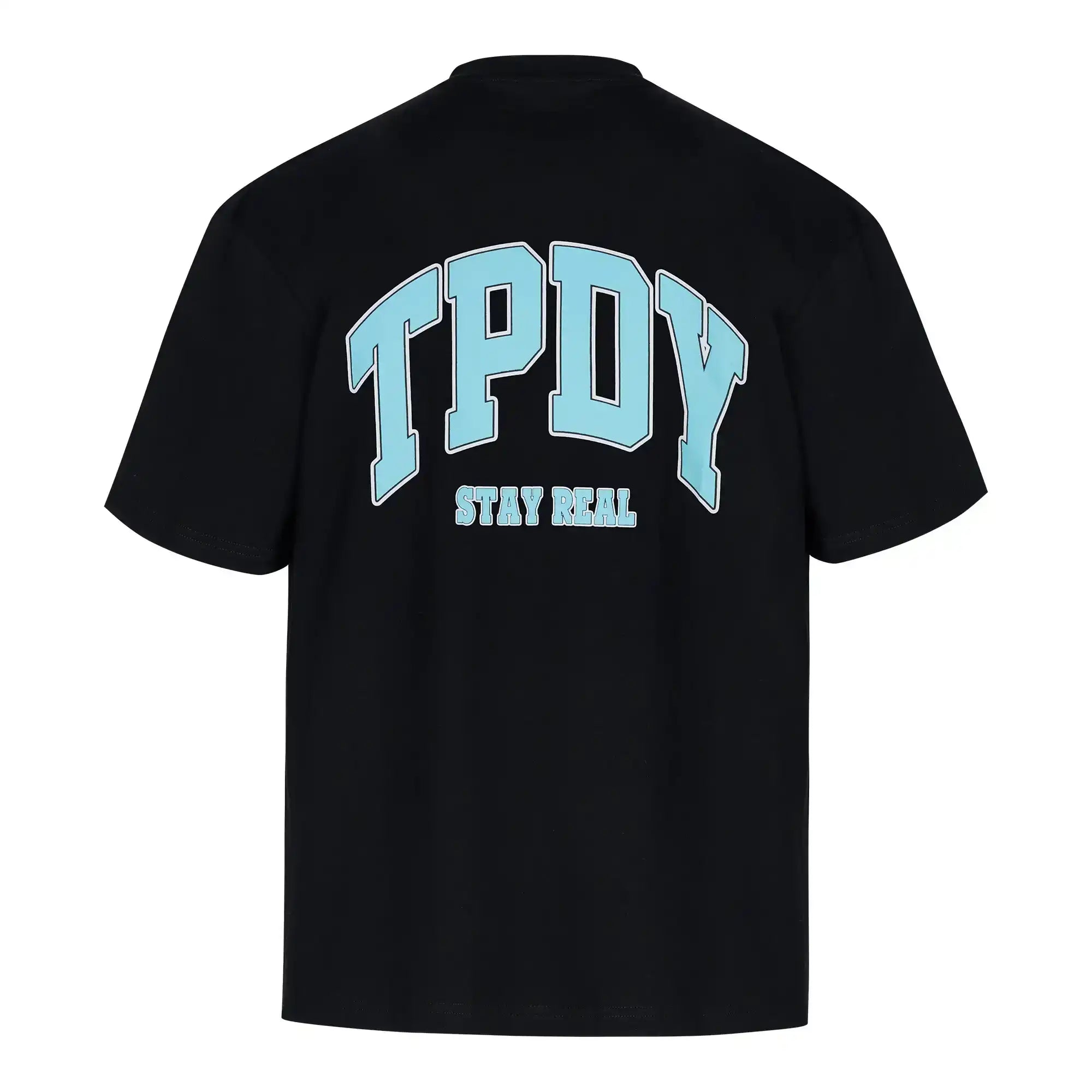 Das trueprodigy Arin F Oversize-T-Shirt hat ein schwarzes Unisex-Design in Jersey-Stoff mit großem blauen TPDY-Schriftzug und einem "Stay Real"-Druck auf dem Rücken.