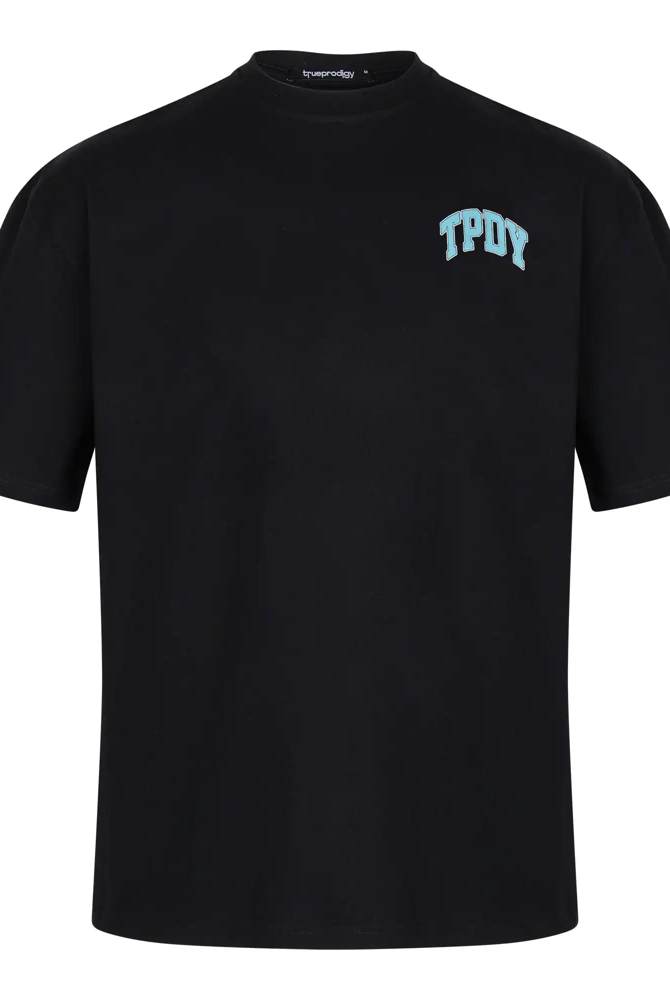 Das trueprodigy Arin F Oversize-T-Shirt hat ein schwarzes Unisex-Design aus dickem Jersey, einen hellblauen TPDY-Print auf der Brust, ein "Stay Real"-Motiv auf dem Rücken und eine lockere Passform mit Rundhalsausschnitt für Komfort.