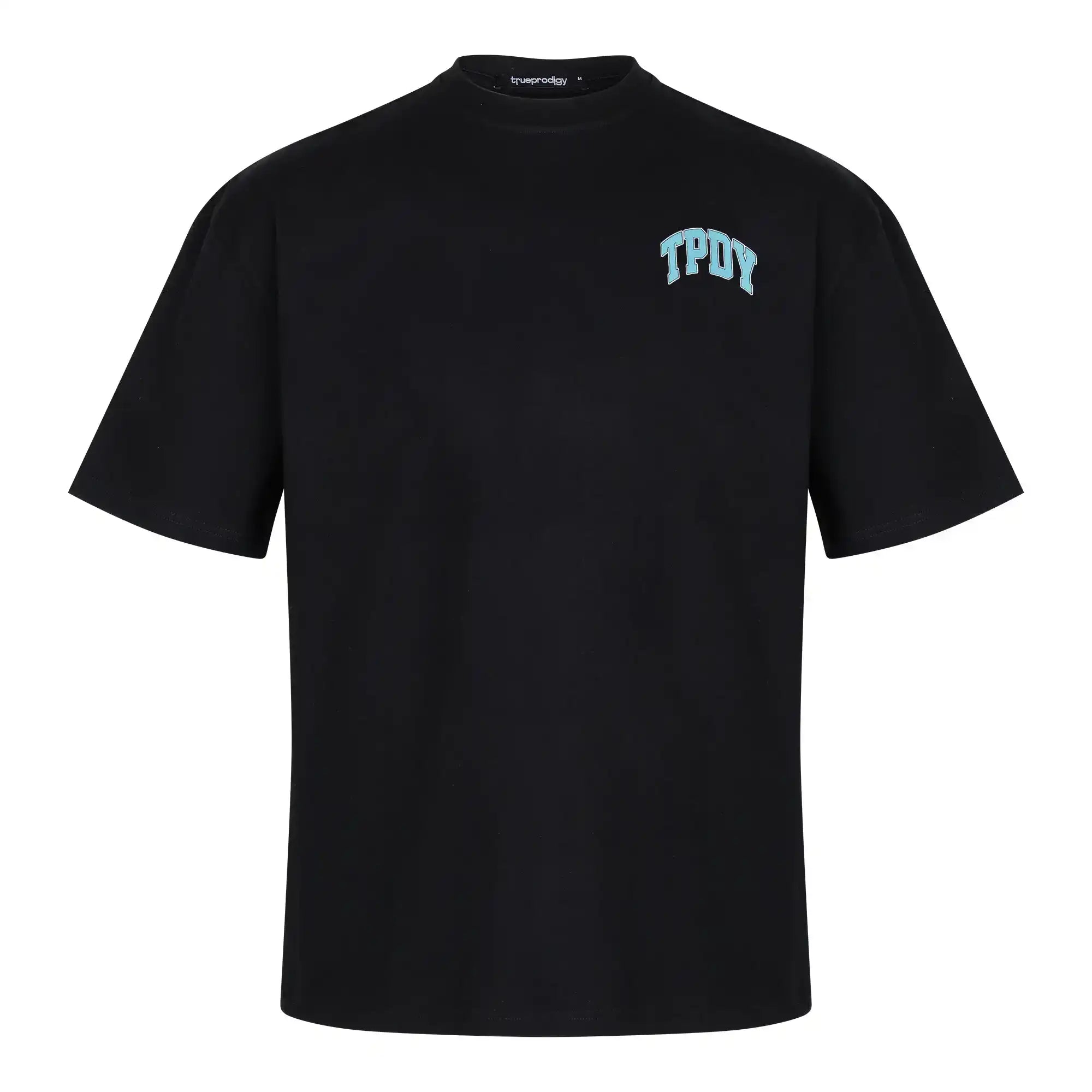 Das trueprodigy Arin F Oversize-T-Shirt hat ein schwarzes Unisex-Design aus dickem Jersey, einen hellblauen TPDY-Print auf der Brust, ein "Stay Real"-Motiv auf dem Rücken und eine lockere Passform mit Rundhalsausschnitt für Komfort.