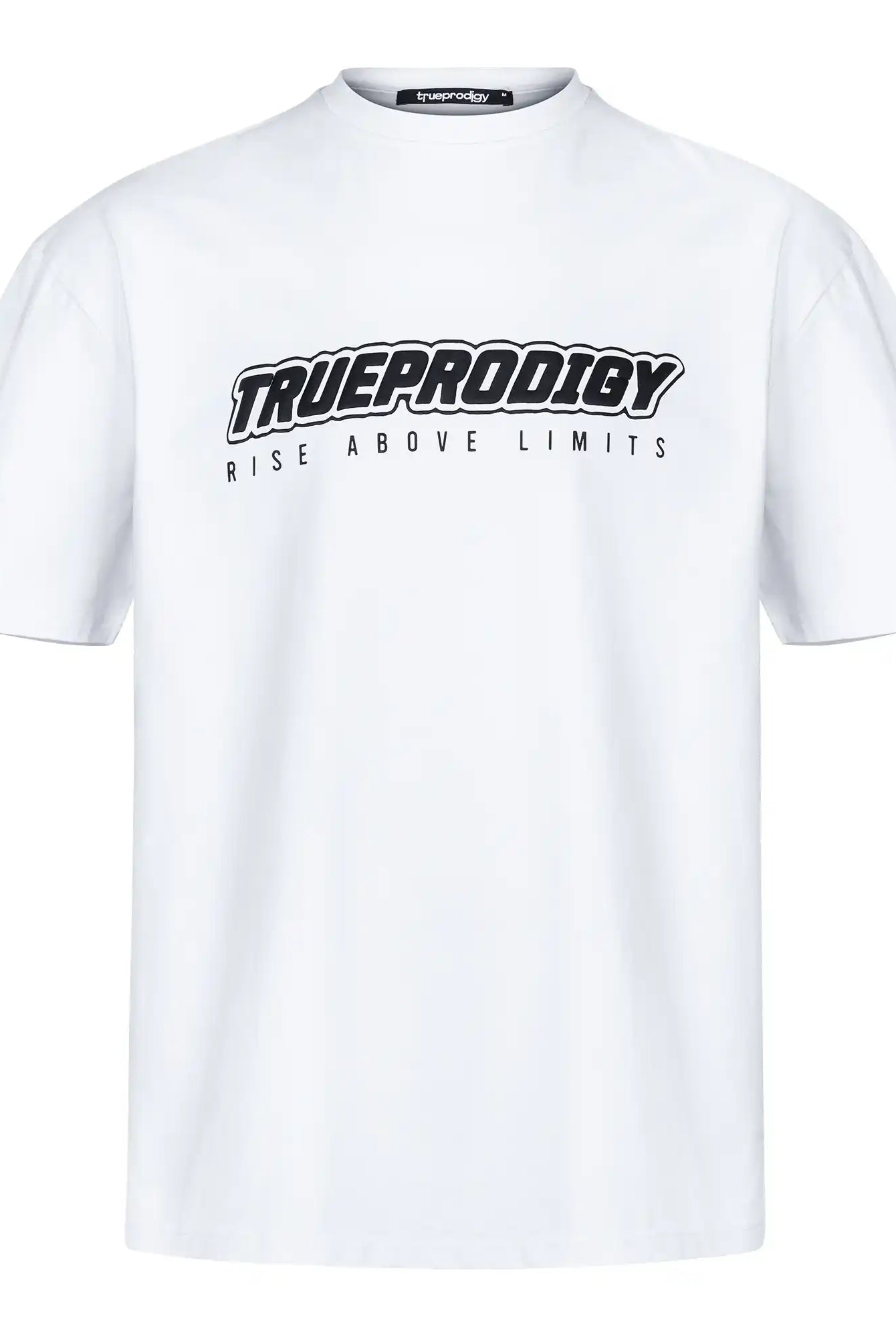 Das Toni Oversize-Shirt von trueprodigy ist ein schlichtes weißes Unisex-T-Shirt aus schwerem Jerseystoff, das auf der Vorderseite einen auffälligen schwarzen 3D-Schaumprint mit "Rise Above Limits" trägt.