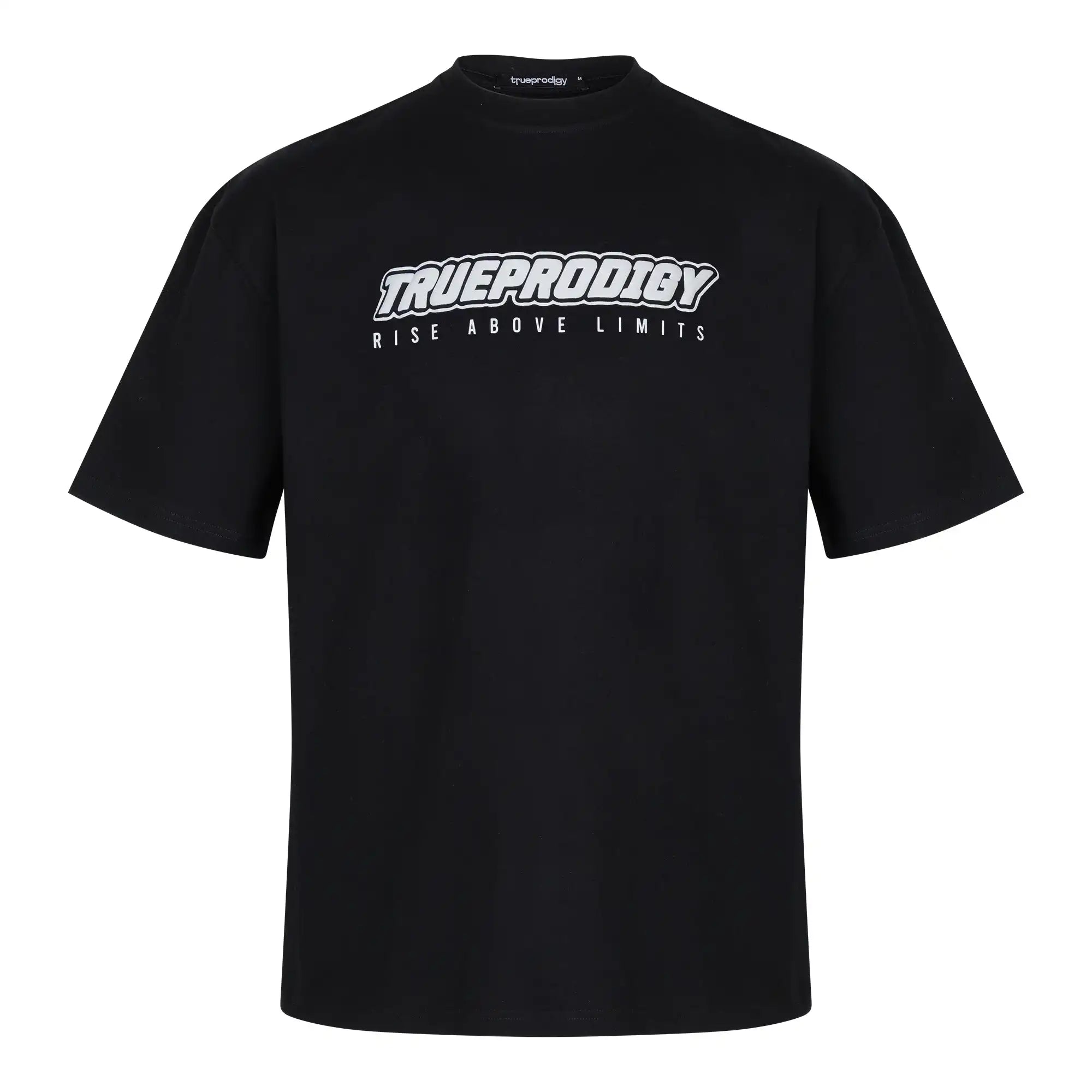 Das Toni Oversize-Shirt von trueprodigy ist ein schwarzes Unisex-T-Shirt aus schwerem Jersey mit kurzen Ärmeln, Rundhalsausschnitt und 3D "Rise Above Limits"- und trueprodigy-Schaumdrucken in Weiß/Grau für vielseitige Stylings.