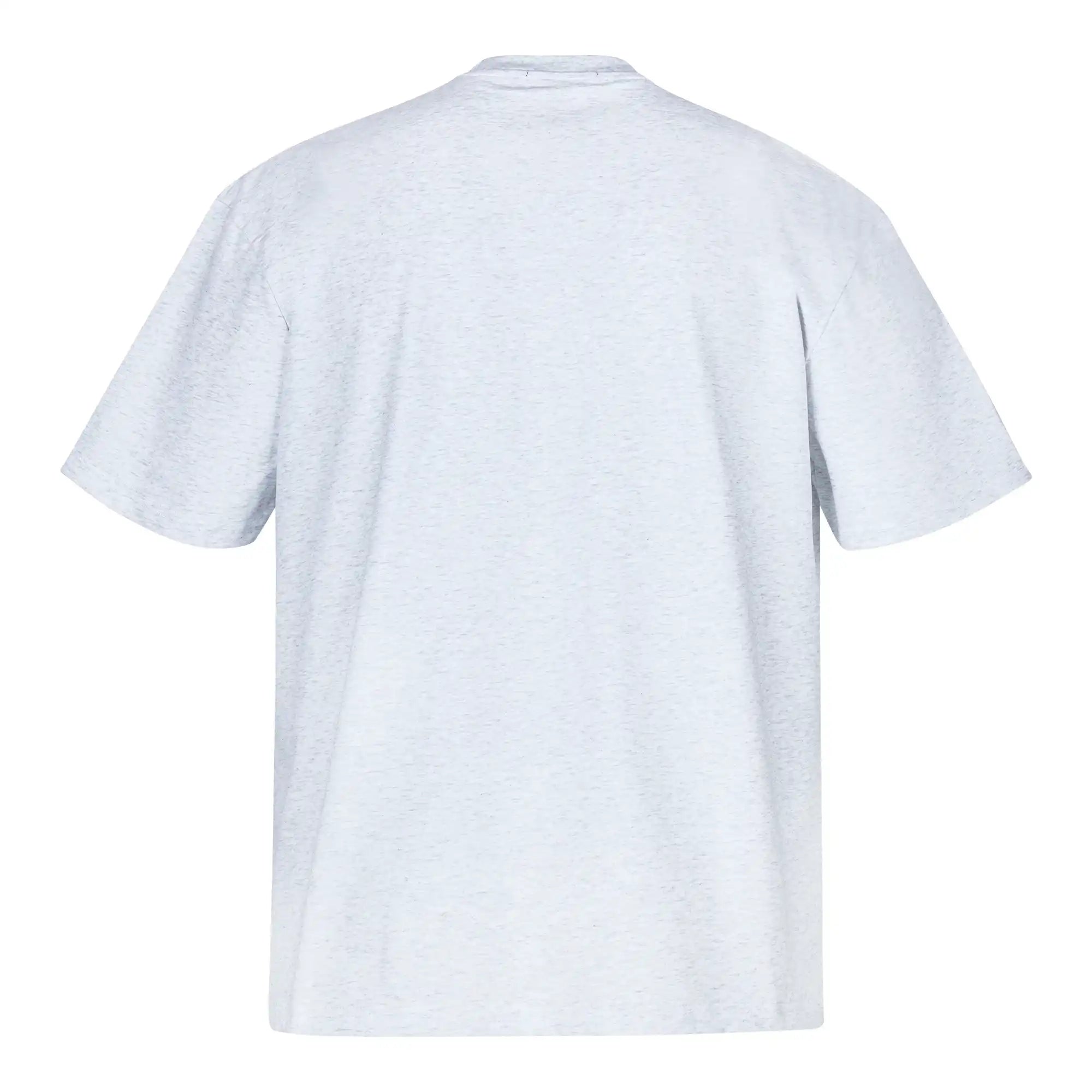 Ein hellgraues Oversize-Herren-T-Shirt mit Logo-Smile-Grafik auf der Brust von trueprodigy ist von hinten zu sehen. Das Unisex-Shirt im schweren Jerseystoff hat ein schlichtes Design ohne sichtbare Rückengrafiken.