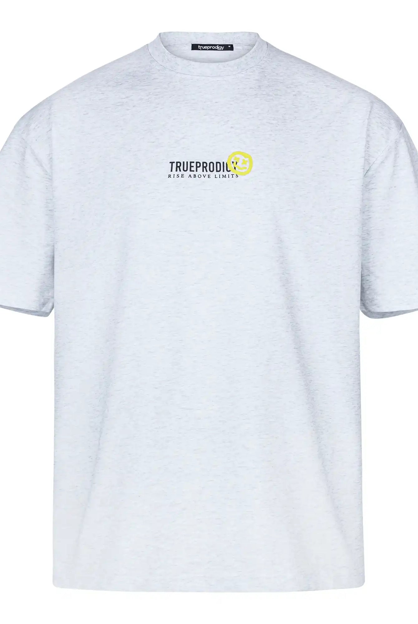 Das Juniper Oversize-Herren-T-Shirt von trueprodigy hat einen hellgrauen Heavyweight-Jersey, kurze Ärmel, einen Rundhalsausschnitt und einen Brustaufdruck mit "TRUEPRODIGY", "ABOVE AND BEYOND LIMITS" und einem kleinen gelben Smiley-Logo.