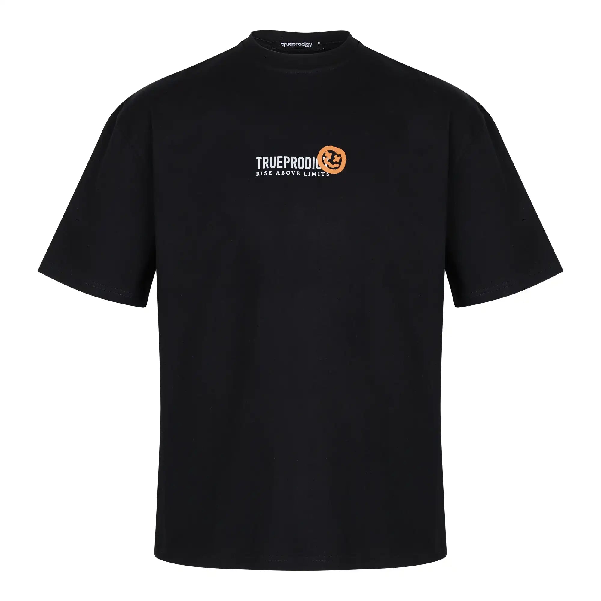 Das trueprodigy Oversize-Herren-T-Shirt kommt in schwarzem Design mit kurzen Ärmeln und einer Logo-Smile-Grafik auf der Brust.