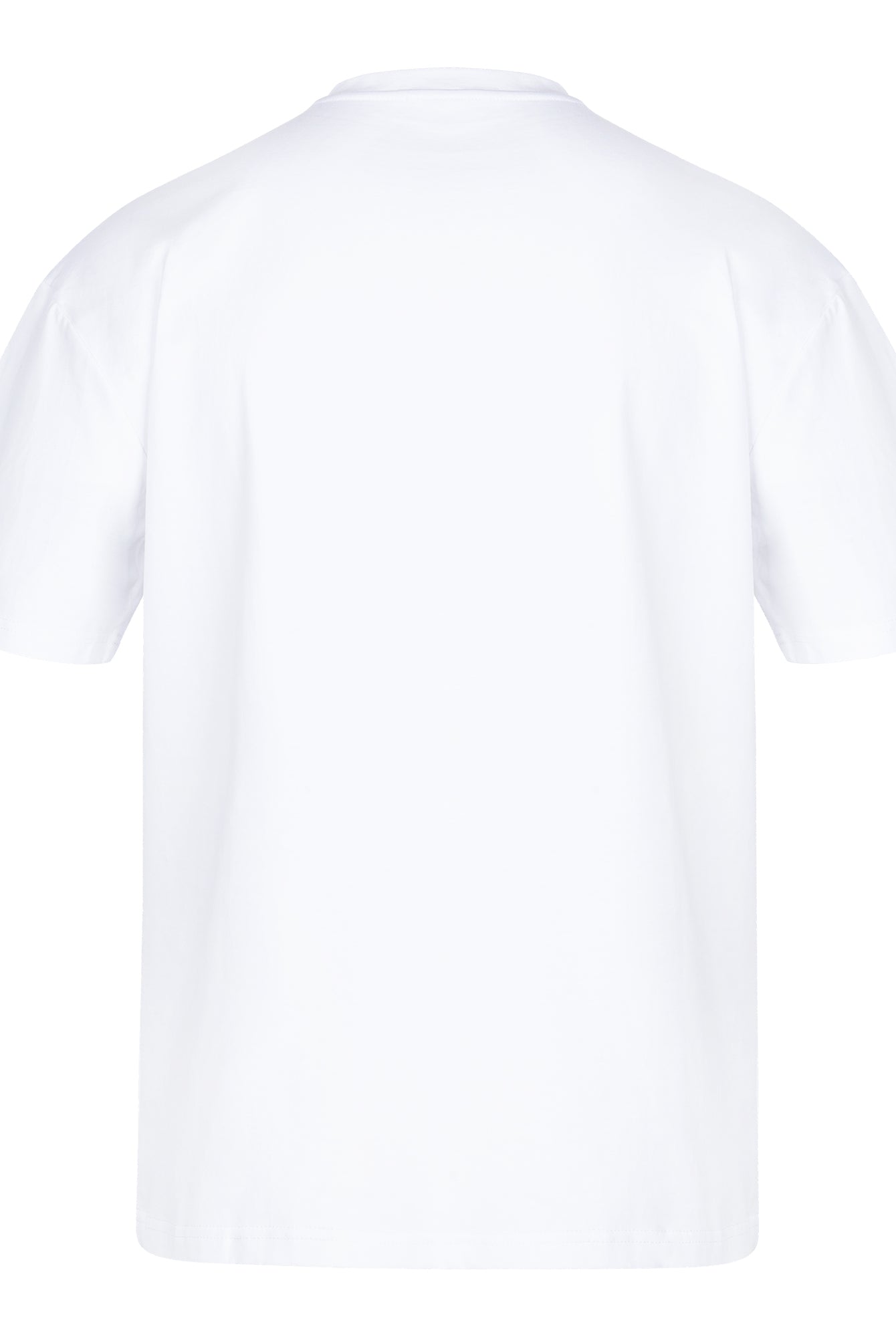 Rückenansicht des trueprodigy Oversize-T-Shirts mit Adlergrafik & TRUEPRODIGY-Schriftzug, flach vor weißem Hintergrund. Das Unisex-Design hat eine entspannte Passform und markante Branding-Details.