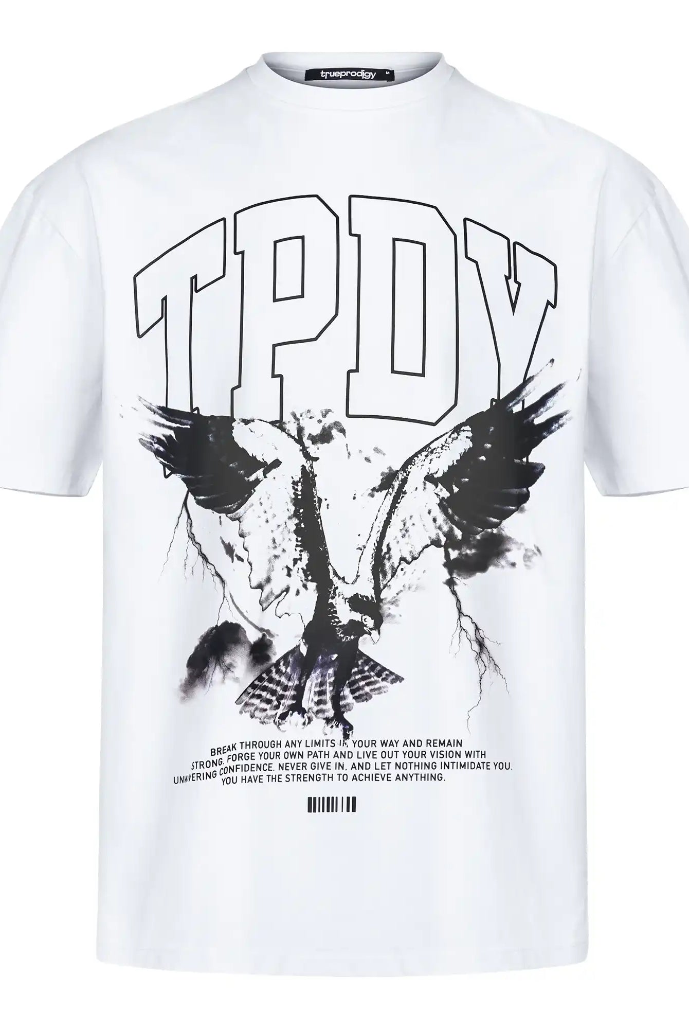 Das trueprodigy Oversize-T-Shirt mit Adlergrafik & TRUEPRODIGY-Schriftzug ist ein weißes Unisex-Shirt aus schwerem Jersey mit großem schwarzen TPDY-Logo, stilisierter Adlergrafik und Schriftzug nahe dem Saum.