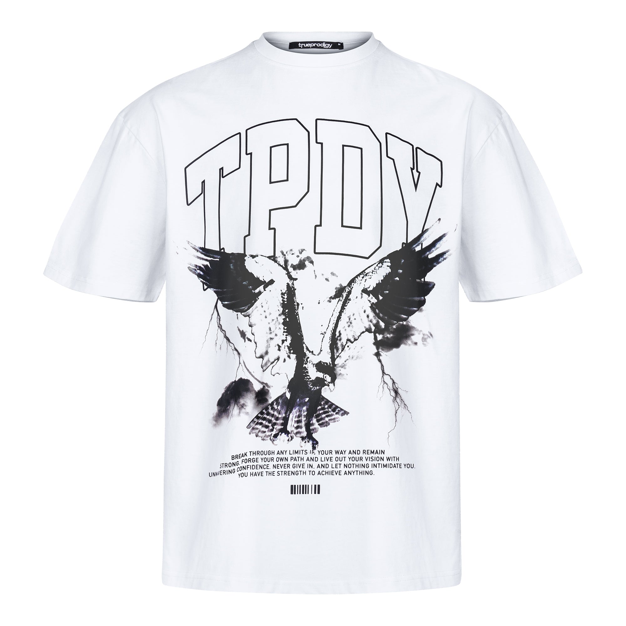 Das trueprodigy Oversize-T-Shirt mit Adlergrafik & TRUEPRODIGY-Schriftzug ist ein weißes Unisex-Shirt aus schwerem Jersey mit großem schwarzen TPDY-Logo, stilisierter Adlergrafik und Schriftzug nahe dem Saum.