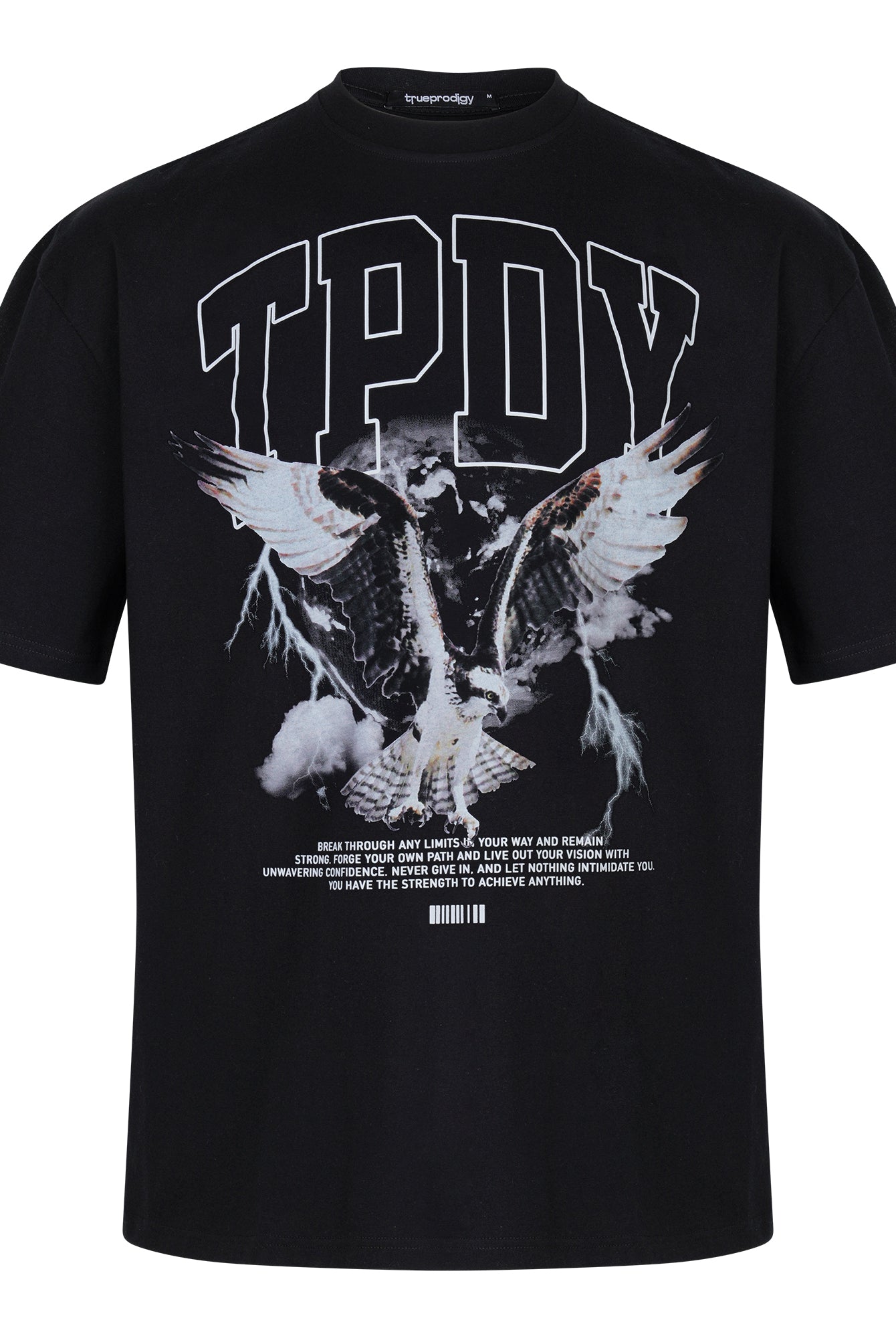 Das Oversize-T-Shirt mit Adlergrafik & TRUEPRODIGY-Schriftzug von trueprodigy ist ein schwarzes Unisex-T-Shirt mit großem TPDY-Schriftzug über einem Adlerprint, kleiner weißer Schrift, Barcode-Details und aus dickerem Jersey-Stoff.