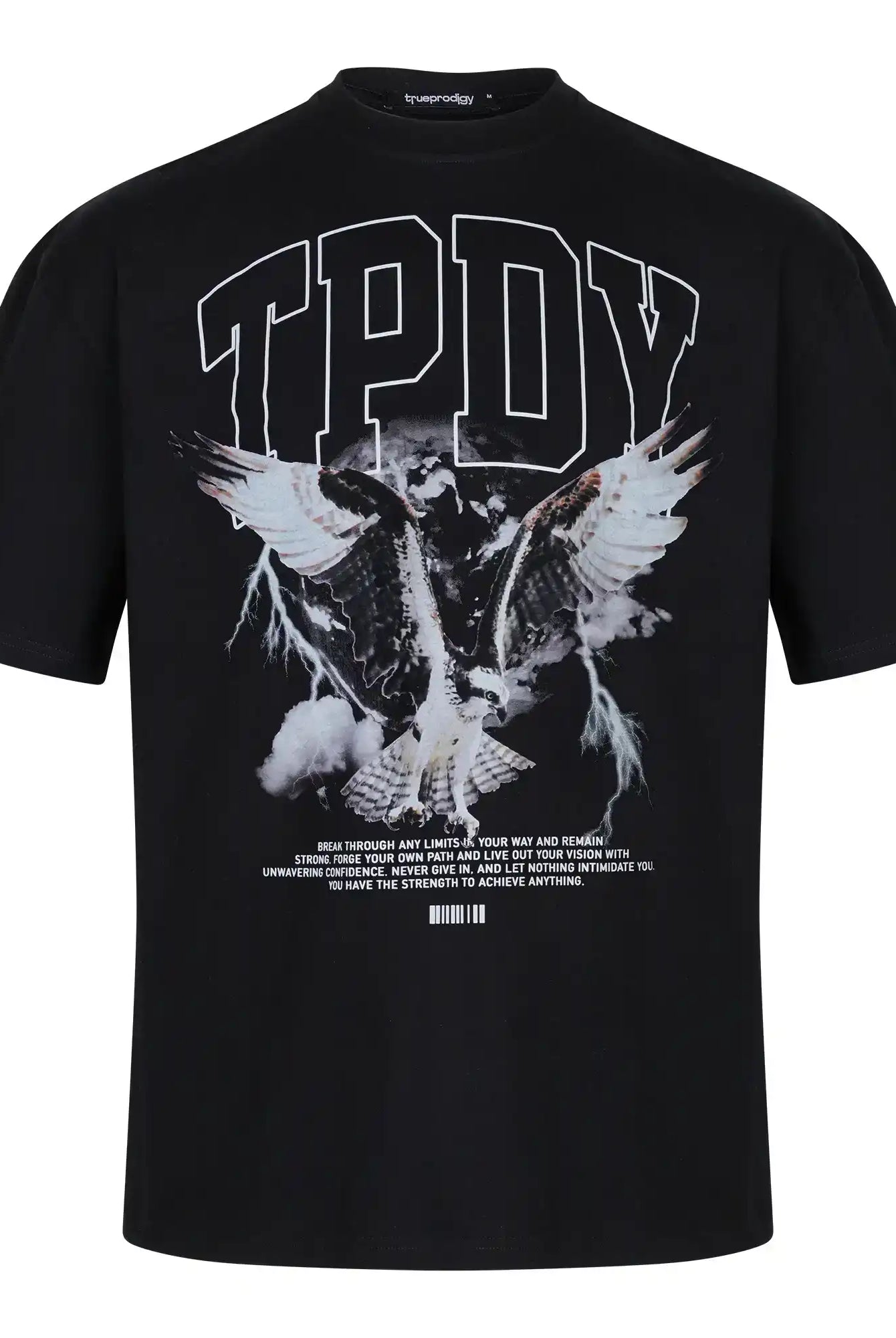 Das Oversize-T-Shirt mit Adlergrafik & TRUEPRODIGY-Schriftzug von trueprodigy ist ein schwarzes Unisex-T-Shirt mit großem TPDY-Schriftzug über einem Adlerprint, kleiner weißer Schrift, Barcode-Details und aus dickerem Jersey-Stoff.