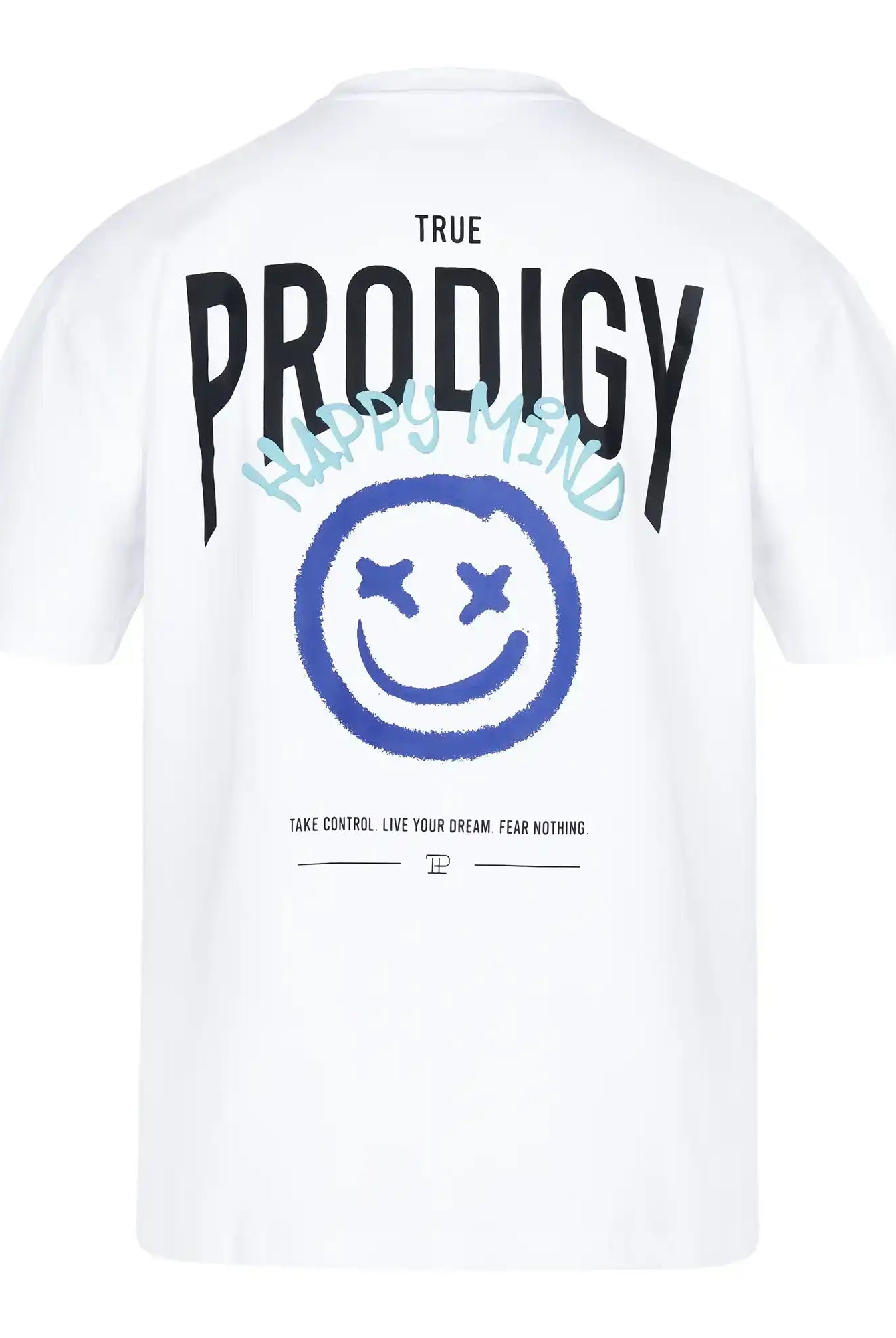 Das trueprodigy Hajin F Oversize-T-Shirt zeigt dicken Jersey-Stoff, großen schwarzen TRUE PRODIGY auf dem Rücken, blauen HAPPY MIND-Druck im Graffiti-Stil, einen blauen Spray-Smiley mit X-Augen und kleines TAKE CONTROL. LEBE DEINEN TRAUM. FEAR NOTHING Text.
