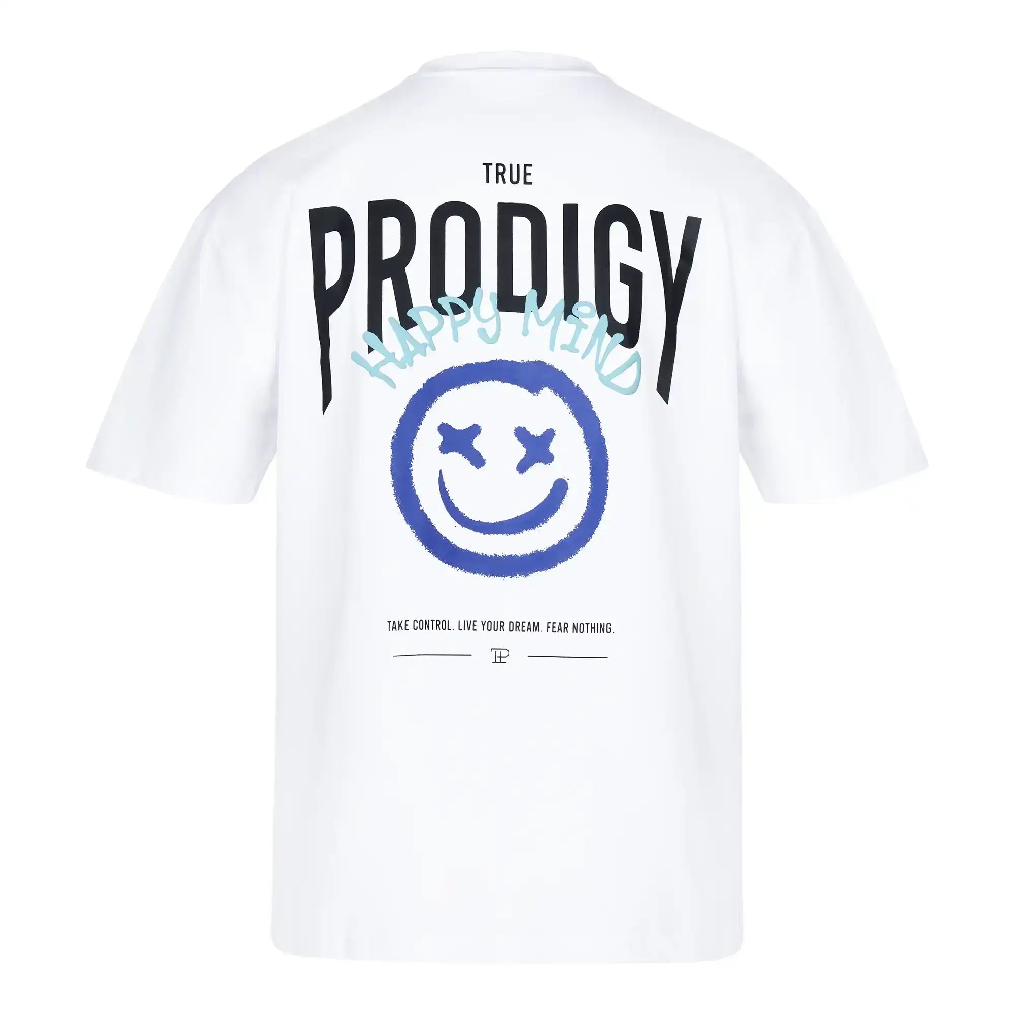 Das trueprodigy Hajin F Oversize-T-Shirt zeigt dicken Jersey-Stoff, großen schwarzen TRUE PRODIGY auf dem Rücken, blauen HAPPY MIND-Druck im Graffiti-Stil, einen blauen Spray-Smiley mit X-Augen und kleines TAKE CONTROL. LEBE DEINEN TRAUM. FEAR NOTHING Text.