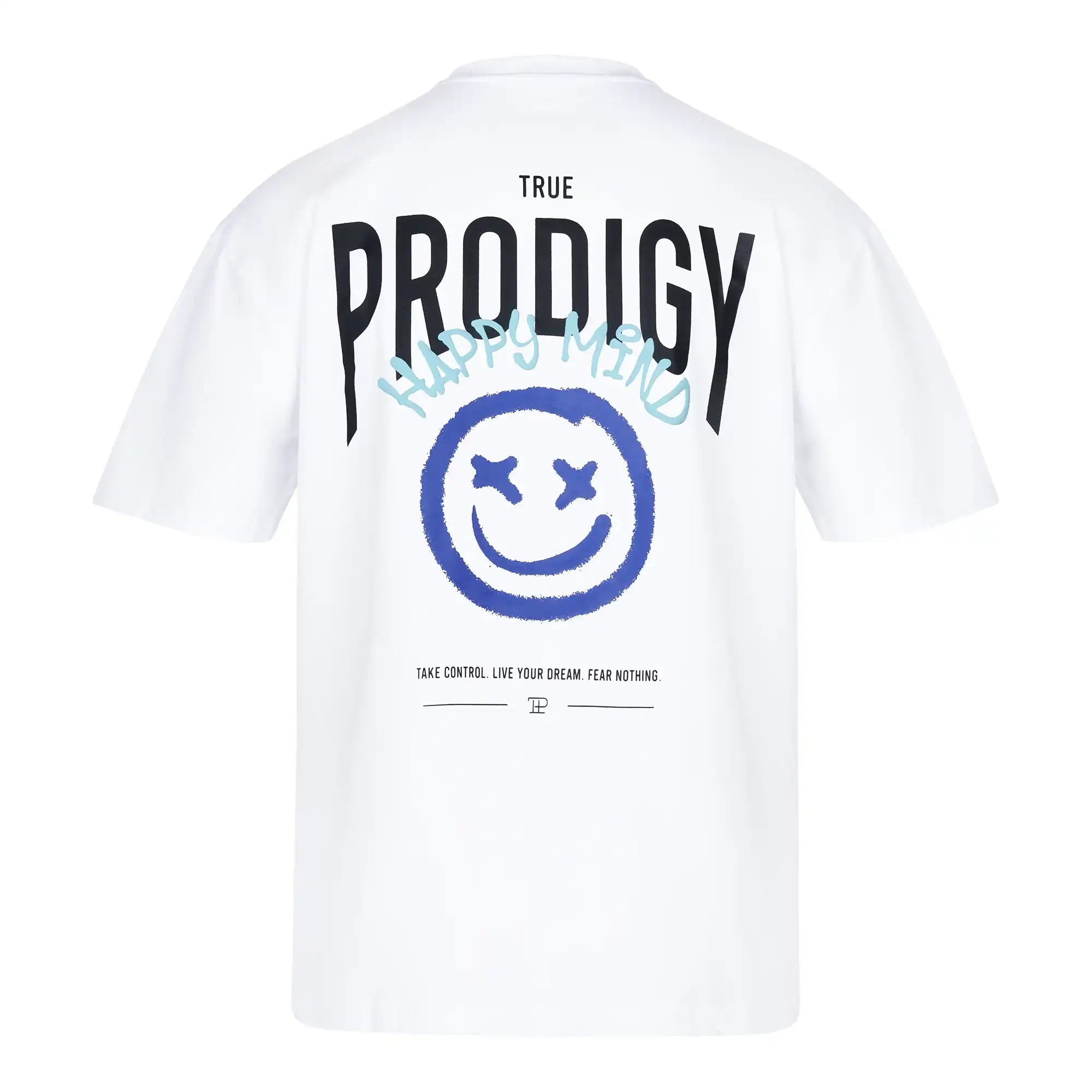 Das Hajin Oversize-T-Shirt von trueprodigy in weiß aus schwerem Jerseystoff hat einen großen schwarzen PRODIGY- und TRUE-Schriftzug, einen blauen Graffiti-Schriftzug HAPPY MIND mit Sprüh-Smiley und einen kleinen Schriftzug am unteren Rand.