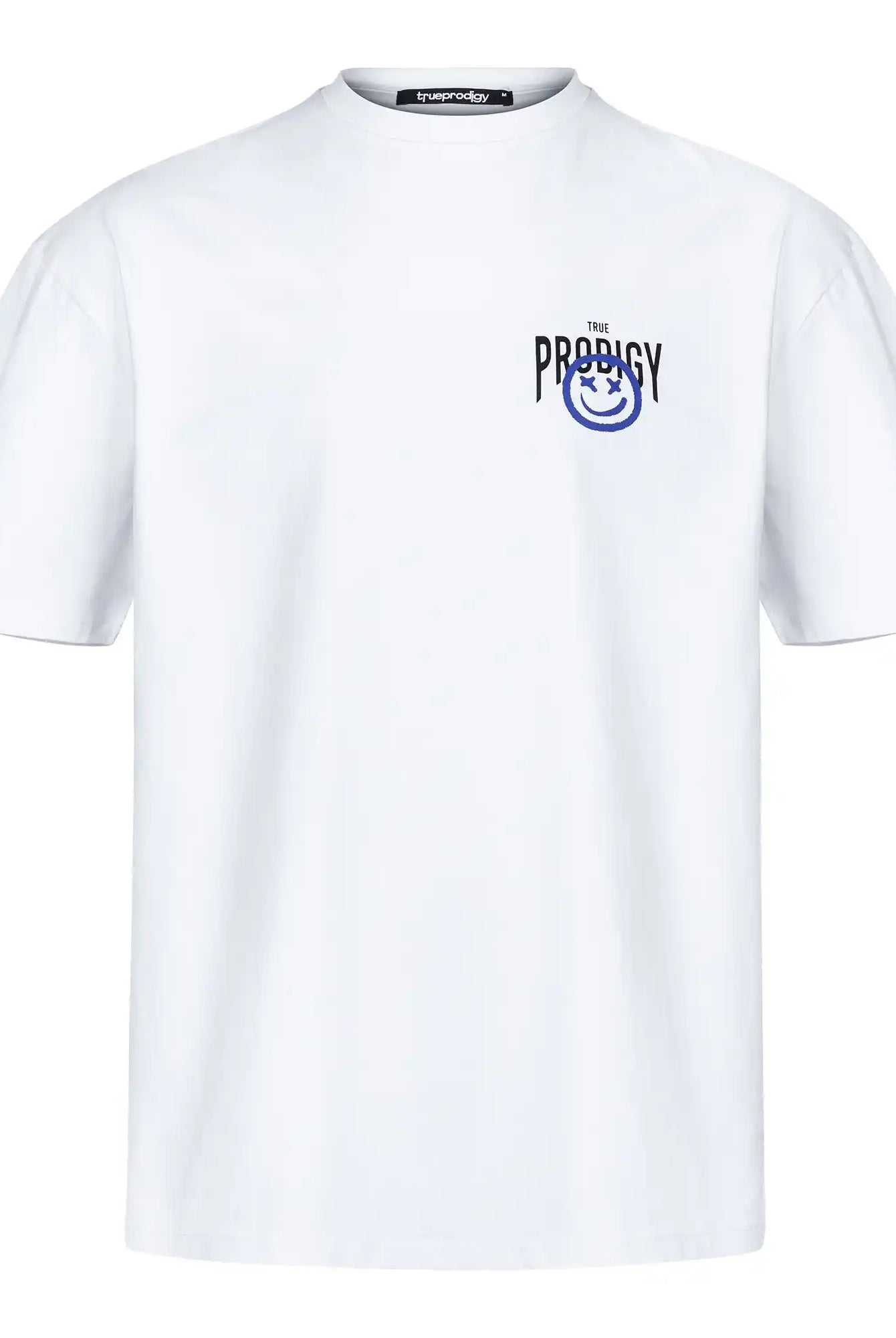 Das Hajin Oversize-T-Shirt von trueprodigy zeigt einen blauen Sprüh-Smiley und THE PRODIGY auf der linken Brust, ein sichtbares schwarzes Etikett am Kragen und den Rückenaufdruck "Happy Mind". Abgebildet in Weiß auf weißem Hintergrund.