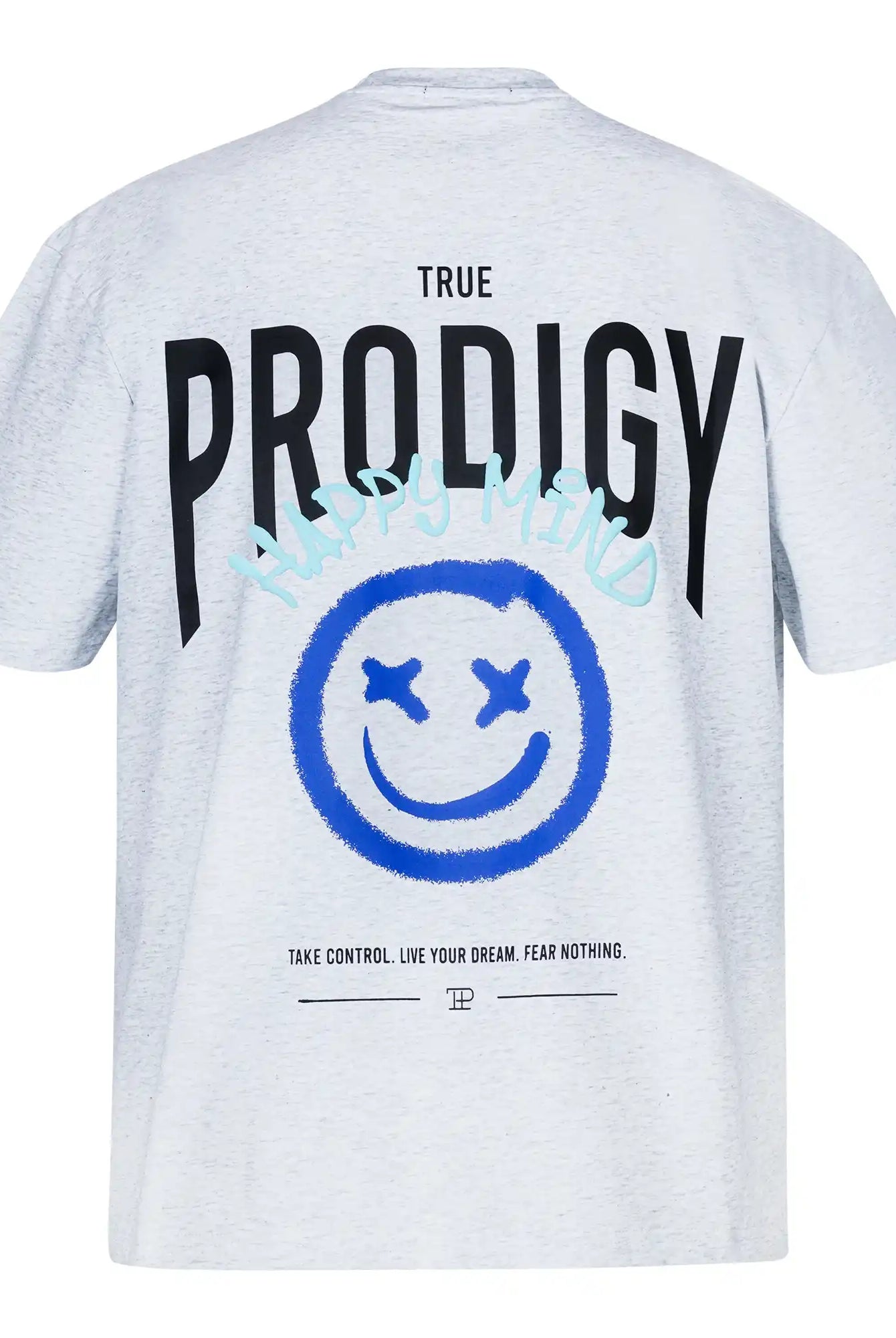 Das Hajin F Oversize-T-Shirt von trueprodigy ist ein hellgraues Unisex-Shirt aus dickem Jersey, mit großem schwarzen TRUE PRODIGY-Text auf dem Rücken, einem blauen Sprüh-Smiley mit X-Augen darunter und TAKE CONTROL. LEBE DEINEN TRAUM. FEAR NOTHING. am unteren Rand aufgedruckt.