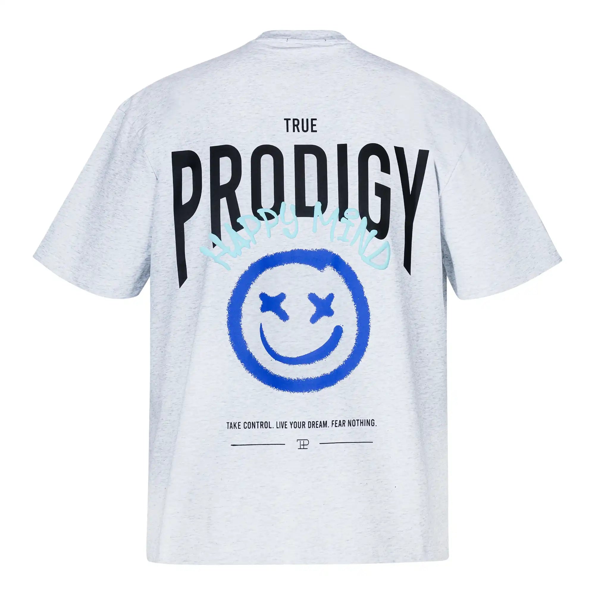 Das Hajin F Oversize-T-Shirt von trueprodigy ist ein hellgraues Unisex-Shirt aus dickem Jersey, mit großem schwarzen TRUE PRODIGY-Text auf dem Rücken, einem blauen Sprüh-Smiley mit X-Augen darunter und TAKE CONTROL. LEBE DEINEN TRAUM. FEAR NOTHING. am unteren Rand aufgedruckt.