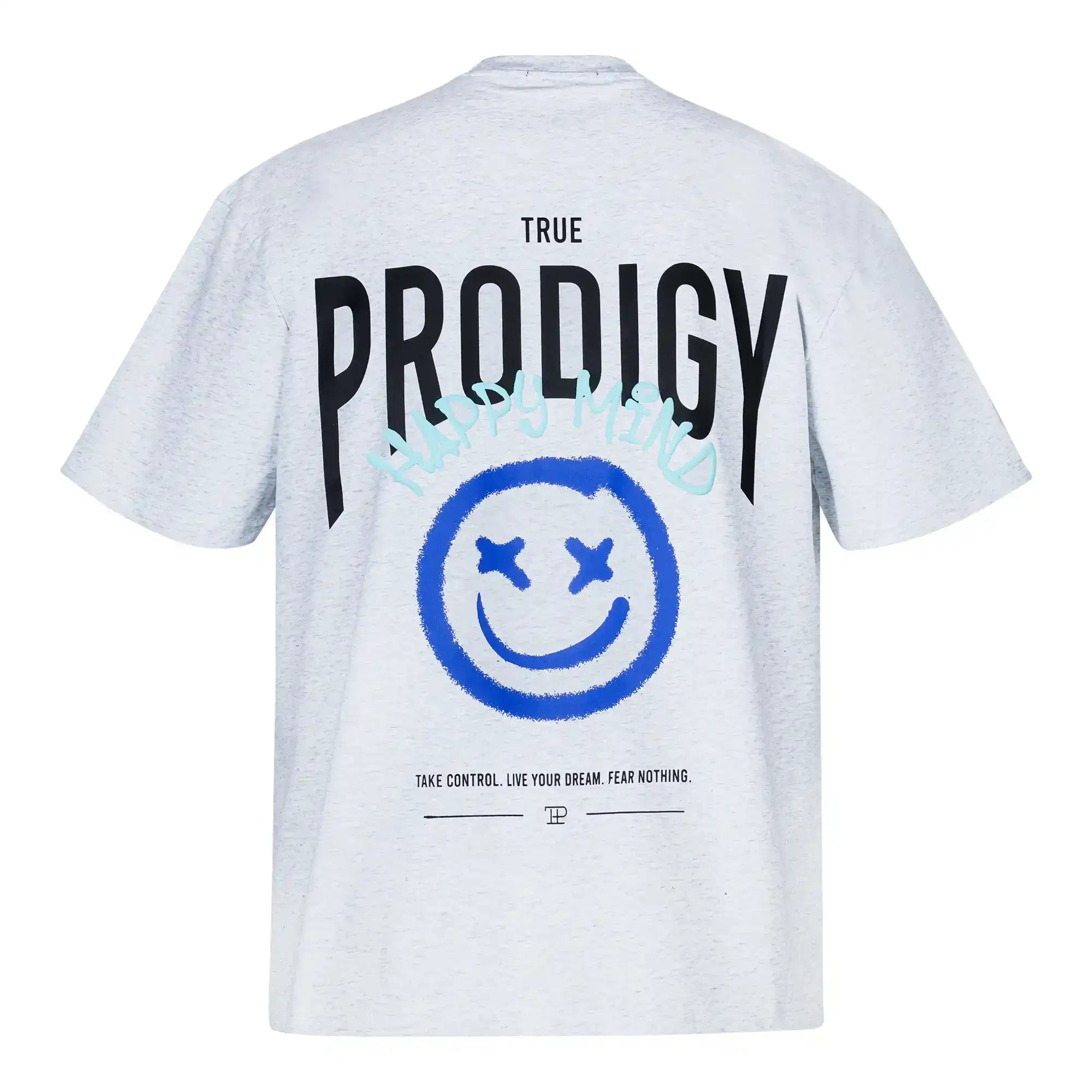 Das Hajin F Oversize-T-Shirt von trueprodigy ist ein hellgraues Unisex-Shirt aus dickem Jersey, mit großem schwarzen TRUE PRODIGY-Text auf dem Rücken, einem blauen Sprüh-Smiley mit X-Augen darunter und TAKE CONTROL. LEBE DEINEN TRAUM. FEAR NOTHING. am unteren Rand aufgedruckt.