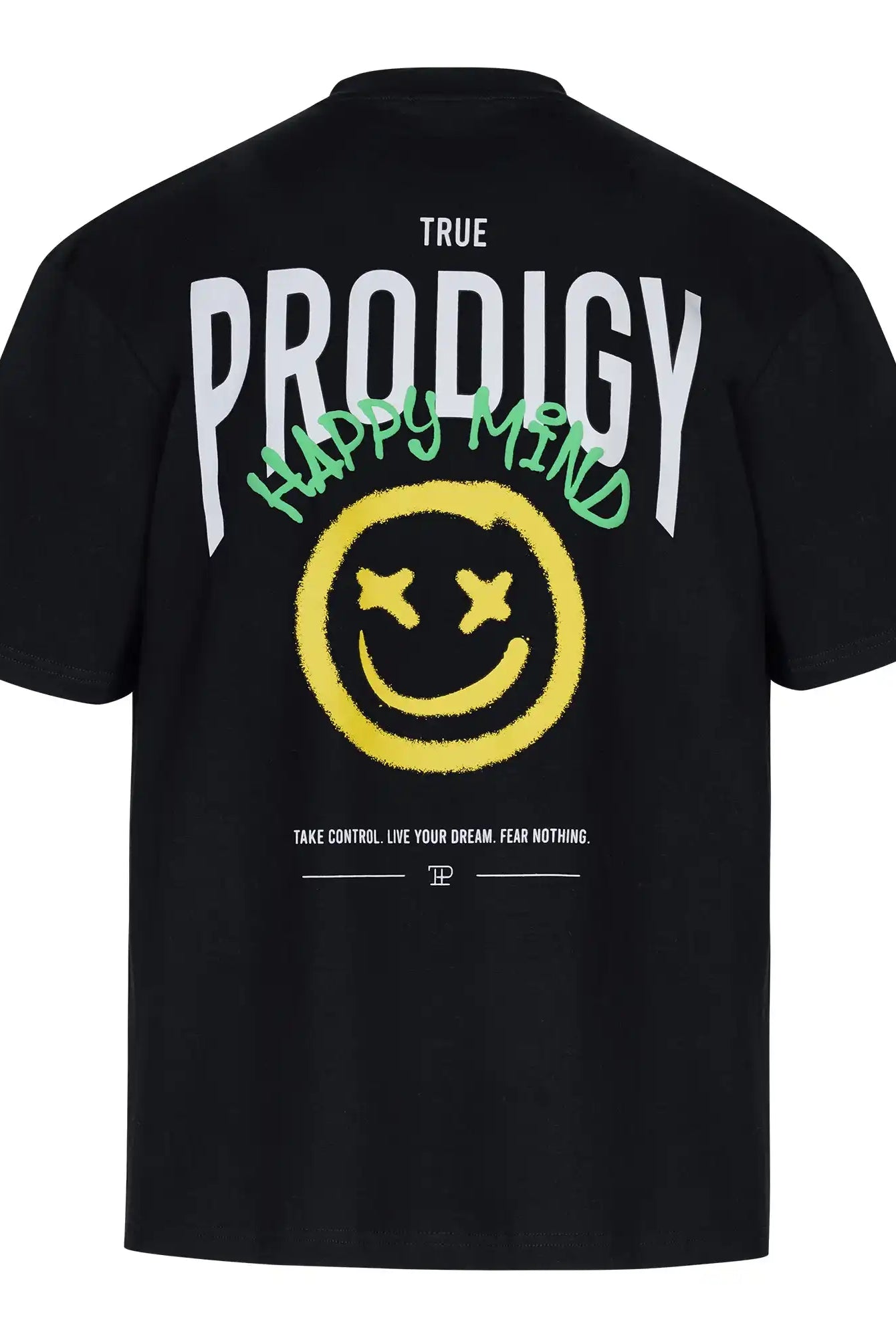 Das Hajin F Oversize-T-Shirt von trueprodigy hat einen schwarzen Jersey-Stoff, ein weißes TRUE PRODIGY-Logo, einen grünen HAPPY MIND-Aufdruck, einen gelben Sprüh-Smiley mit X-Augen und "TAKE CONTROL. LIVE YOUR DREAM. FEAR NOTHING." Unisex-Stil.