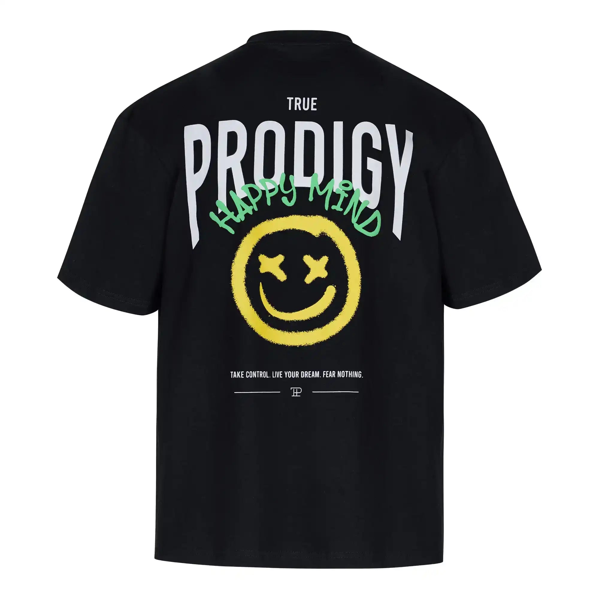 Das Hajin F Oversize-T-Shirt von trueprodigy hat einen schwarzen Jersey-Stoff, ein weißes TRUE PRODIGY-Logo, einen grünen HAPPY MIND-Aufdruck, einen gelben Sprüh-Smiley mit X-Augen und "TAKE CONTROL. LIVE YOUR DREAM. FEAR NOTHING." Unisex-Stil.