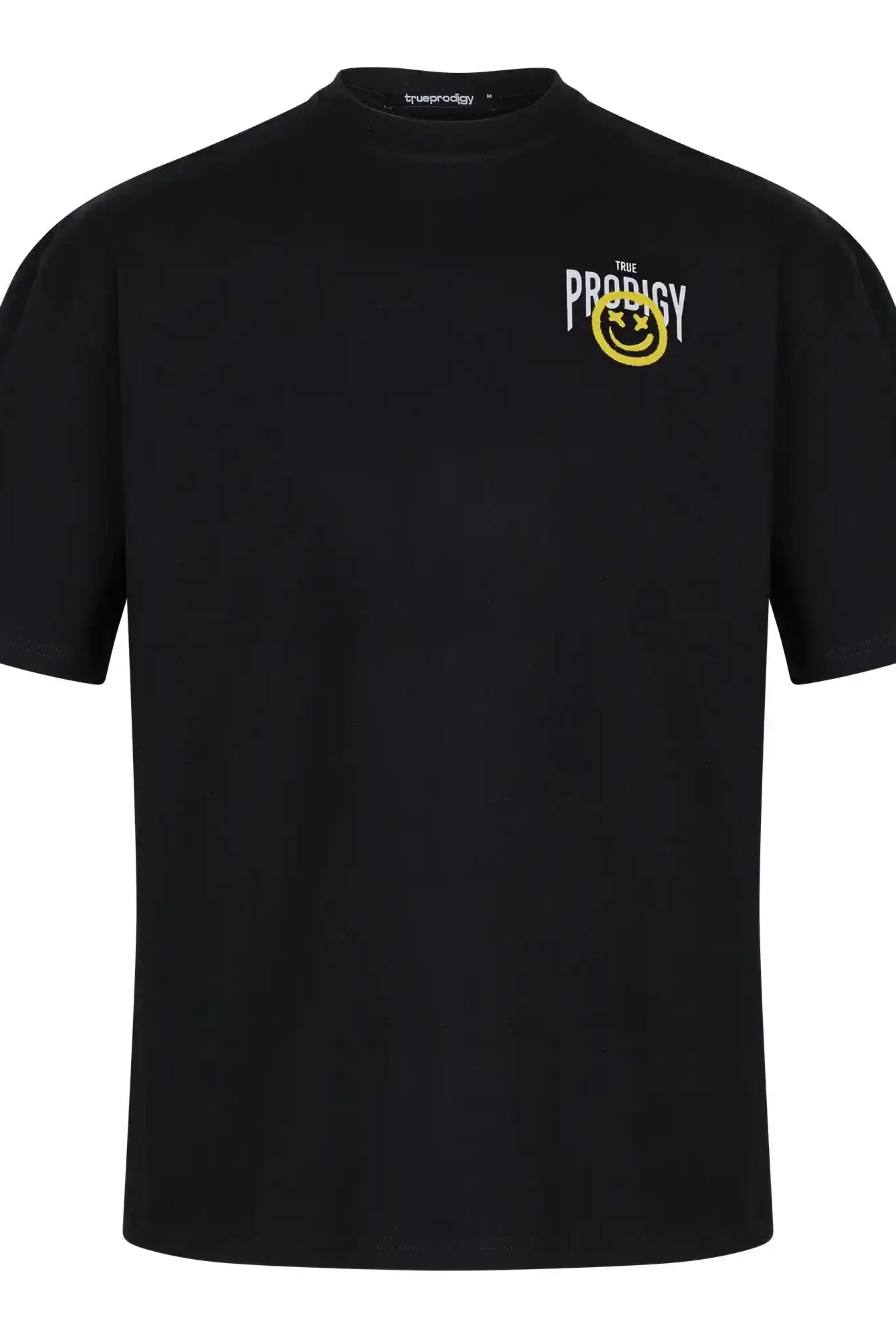 Das trueprodigy Hajin F Oversize-T-Shirt bietet ein schwarzes Unisex-Design aus dickerem Jersey-Stoff, mit einem Spray-Smiley und "Happy-Mind"-Print auf der linken oberen Brust.