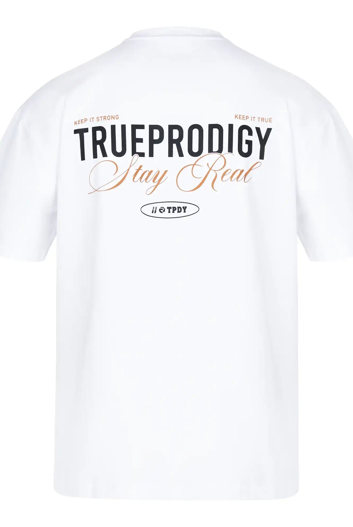 Das trueprodigy Lou F Oversize-T-Shirt aus schwerem Jersey ist unisex, weiß und zeigt vorne & hinten "Stay Real", dazu kleine "KEEP IT STRONG" und "KEEP IT TRUE"-Schriftzüge sowie ein Logo und TPDY auf dem Rücken.