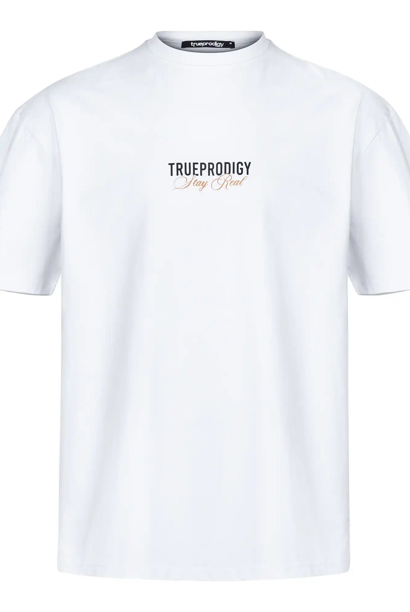 Ein weißes trueprodigy Lou F Oversize-T-Shirt mit "Stay Real"-Schriftzug auf der Vorder- und Rückseite, abgebildet auf weißem Hintergrund.