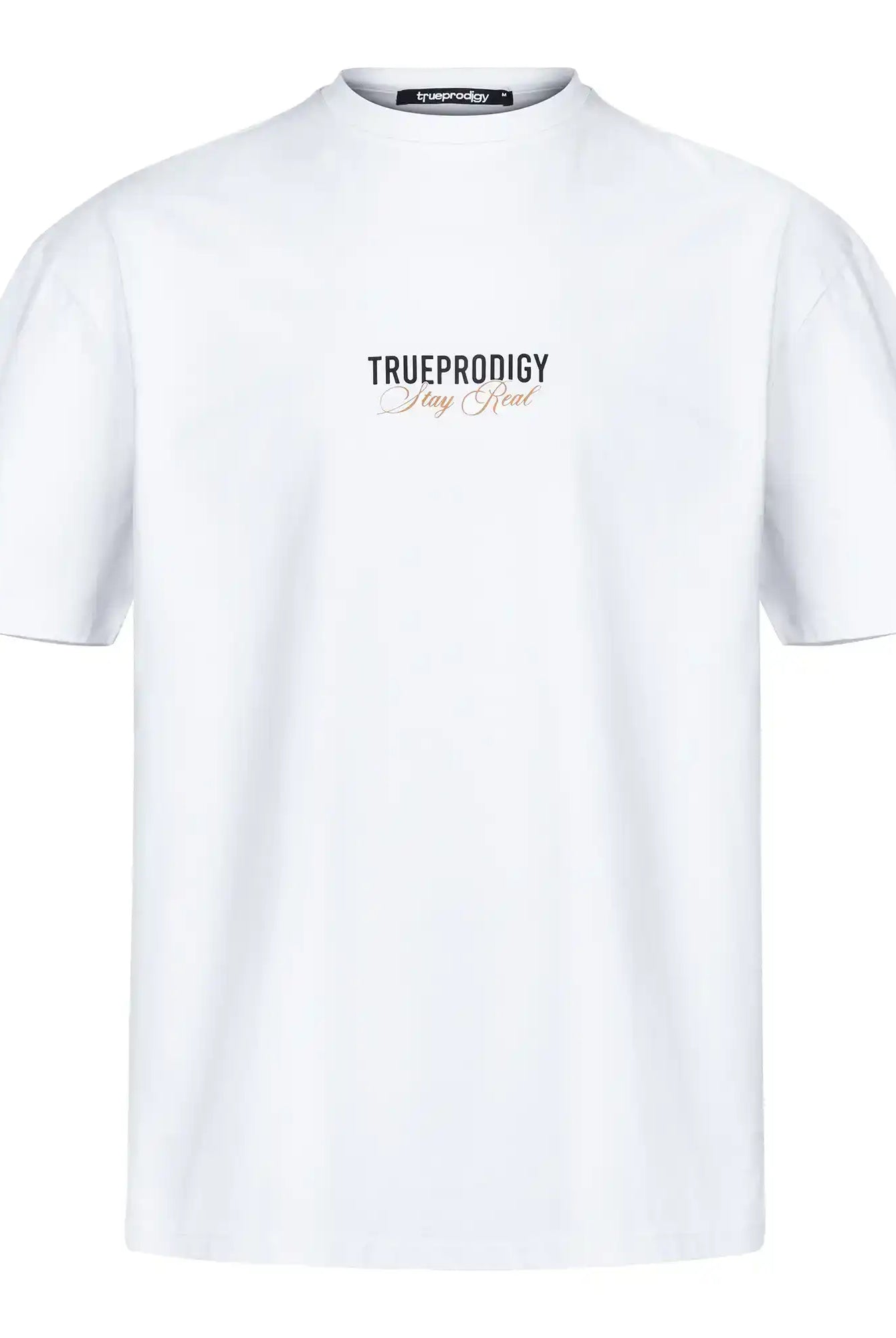 Ein weißes trueprodigy Lou F Oversize-T-Shirt mit "Stay Real"-Schriftzug auf der Vorder- und Rückseite, abgebildet auf weißem Hintergrund.