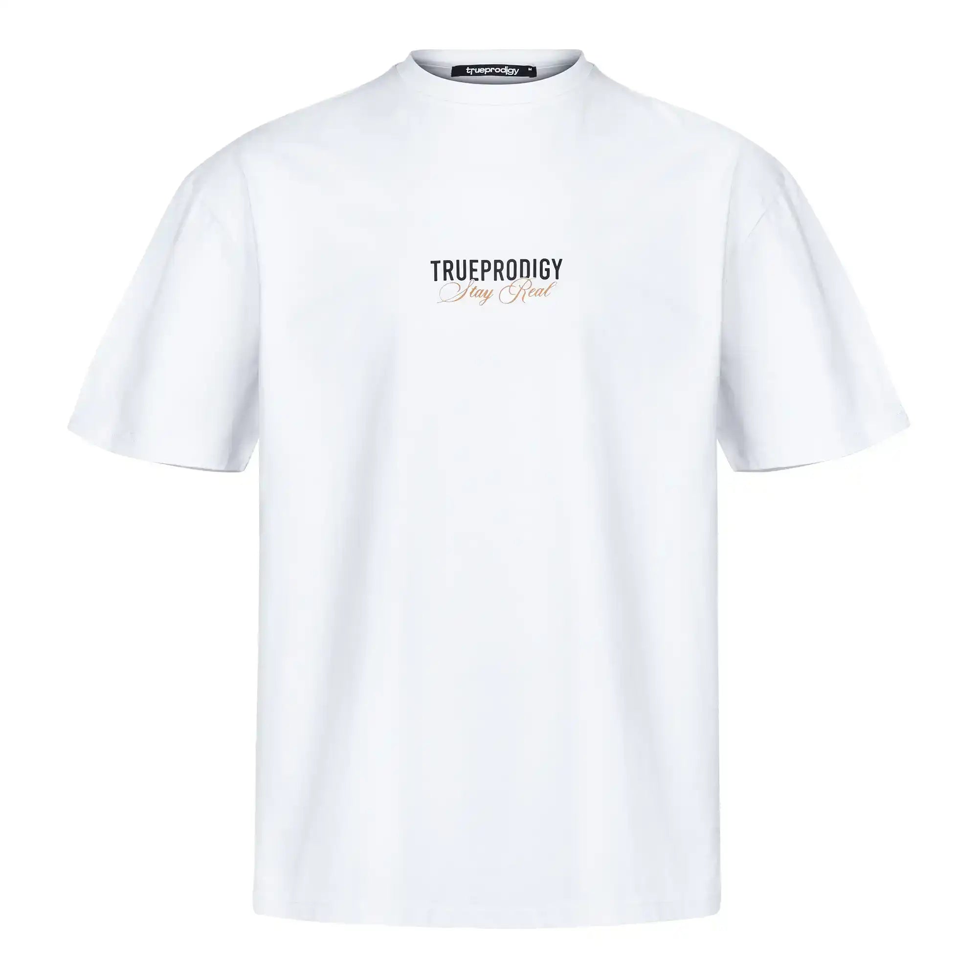 Ein weißes trueprodigy Lou F Oversize-T-Shirt mit "Stay Real"-Schriftzug auf der Vorder- und Rückseite, abgebildet auf weißem Hintergrund.