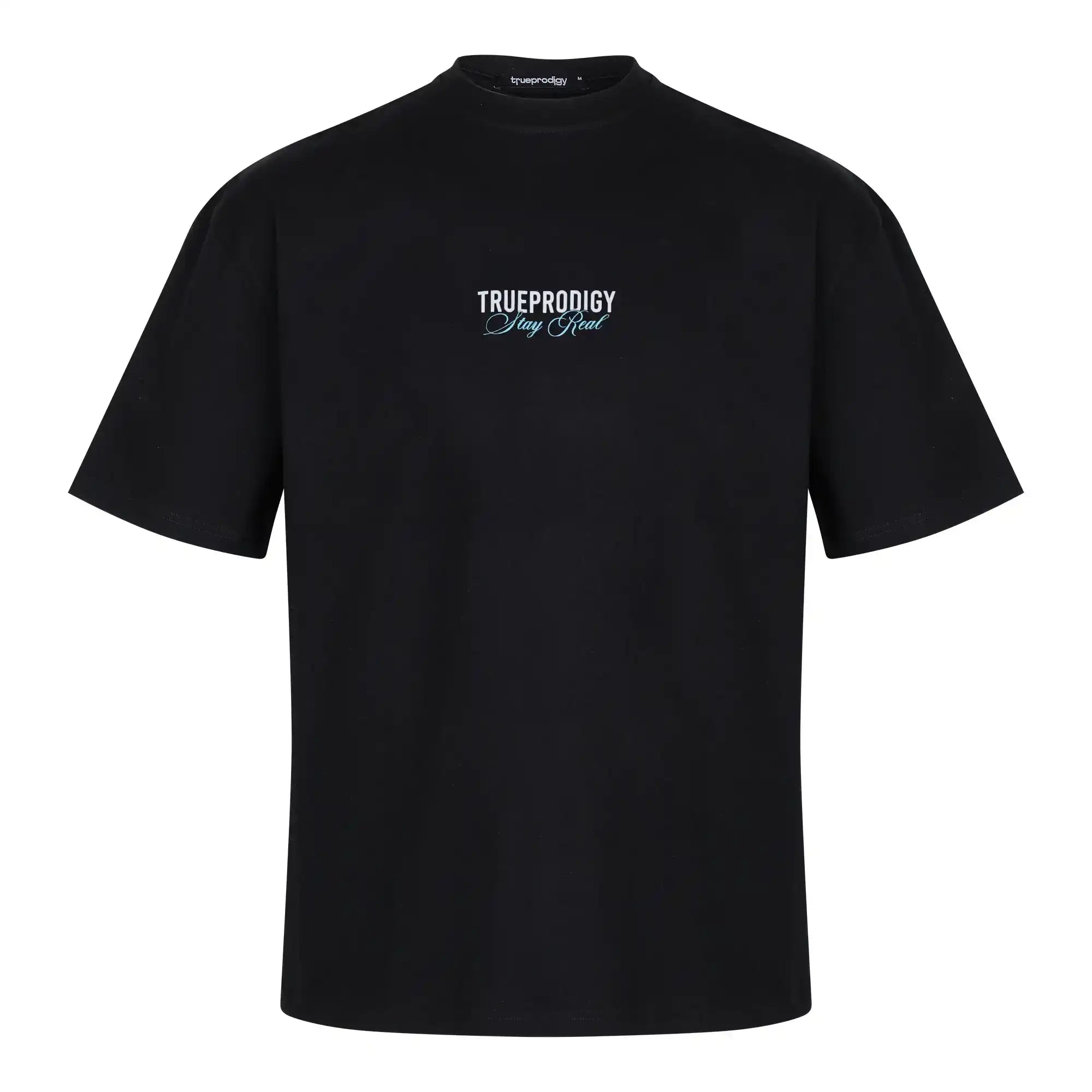 Das trueprodigy Lou Oversize-T-Shirt mit "Stay Real"-Schriftzug auf der Vorder- und Rückseite ist aus schwerem Jersey-Stoff gefertigt, hat kurze Ärmel, einen Rundhalsausschnitt und ist in schlichtem Schwarz gehalten und passt Unisex.
