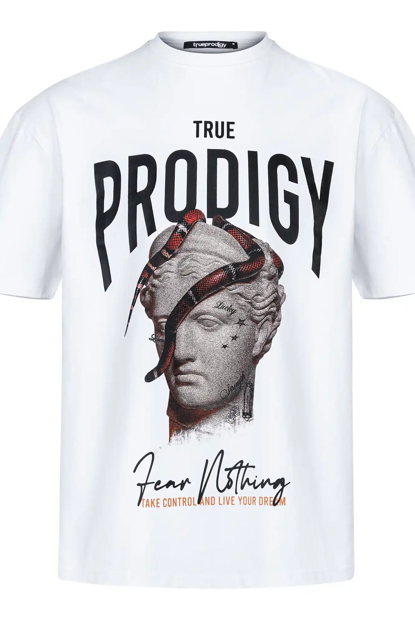 Das Jamie F Oversize-T-Shirt von trueprodigy aus schwerem Jerseystoff zeigt eine Skulptur-Grafik mit Schlange sowie den Schriftzügen "TRUE PRODIGY" und "Fear Nothing". Übernimm die Kontrolle und lebe deinen Traum.