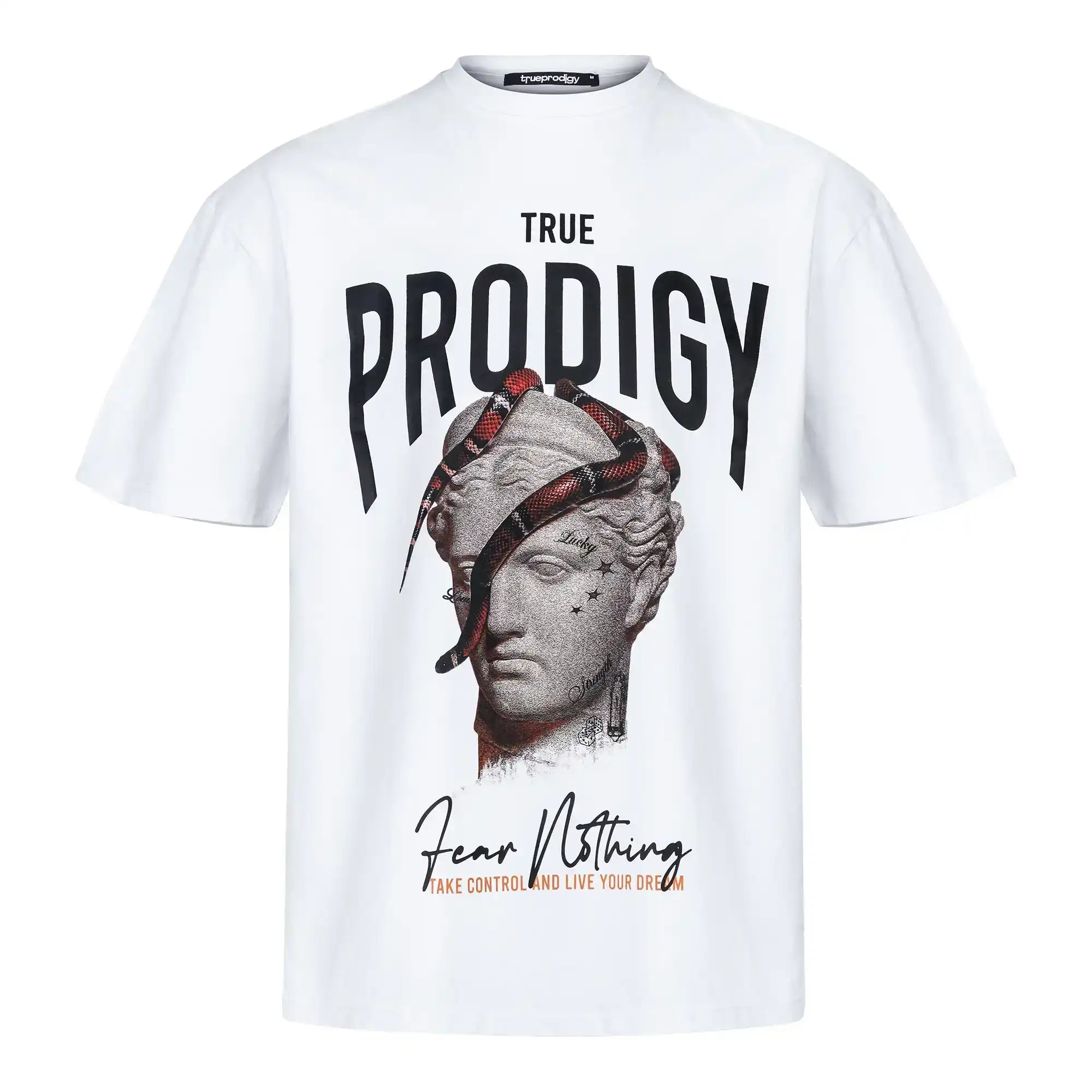 Das trueprodigy Jamie Oversize-T-Shirt zeigt eine auffällige Statuengrafik mit einer rot-schwarzen Schlange auf schwerem Jersey-Stoff und dem Aufdruck "Fear Nothing Take Control and Live Your Dream" am unteren Rand.