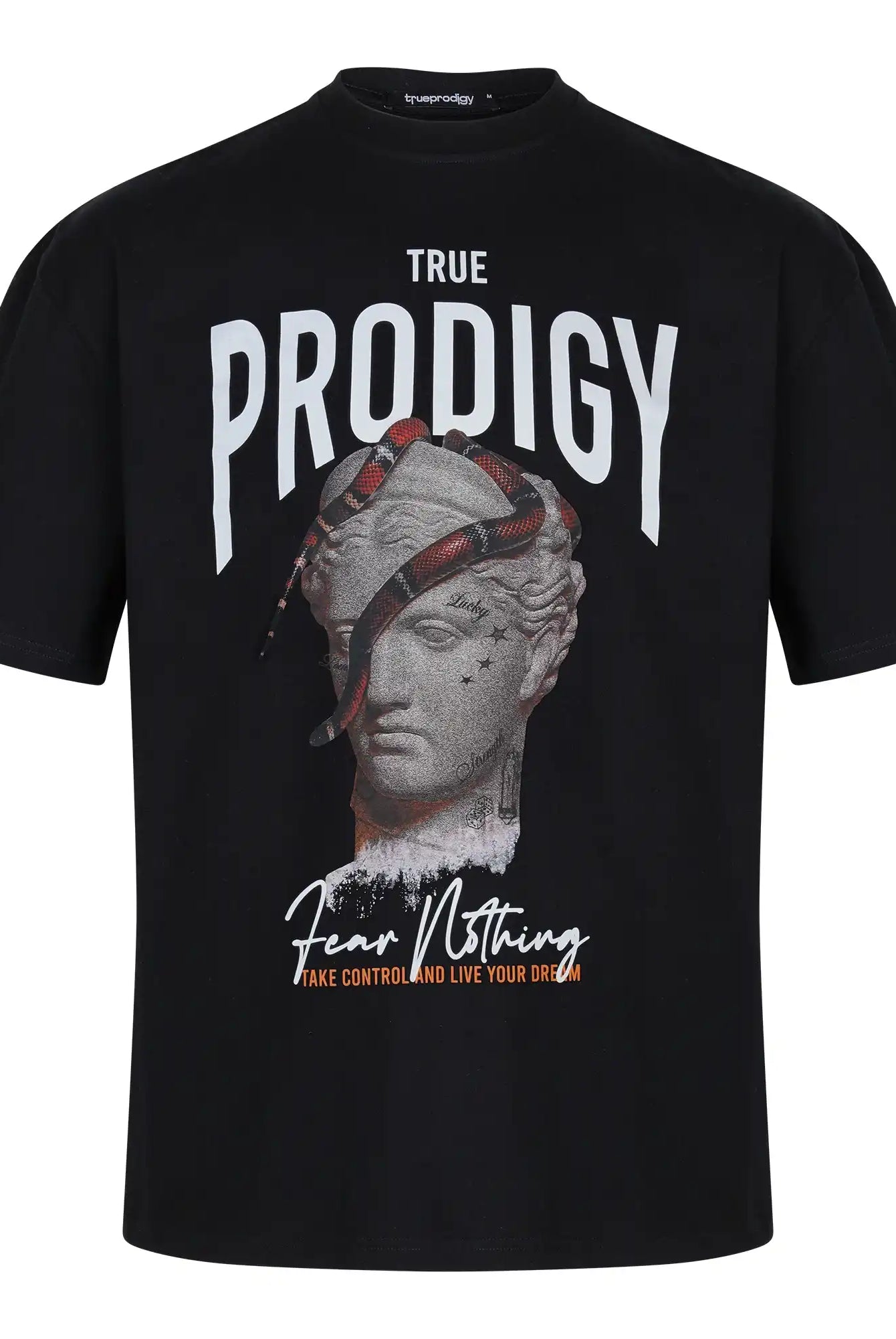 Das Jamie Oversize-T-Shirt von trueprodigy hat einen schweren Jersey-Stoff, eine klassische Statuengrafik, eine rot-schwarze Schlange, den Schriftzug "TRUE PRODIGY" oben und einen fetten "Fear Nothing, Take control and live your dream"-Aufdruck unten.