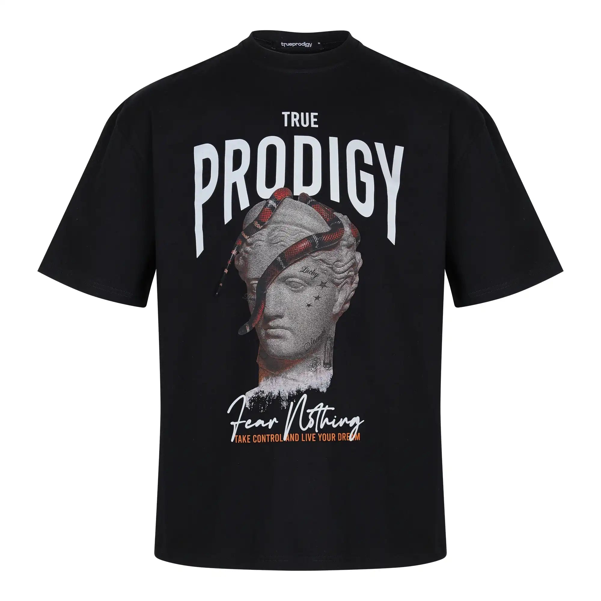 Das Jamie Oversize-T-Shirt von trueprodigy hat einen schweren Jersey-Stoff, eine klassische Statuengrafik, eine rot-schwarze Schlange, den Schriftzug "TRUE PRODIGY" oben und einen fetten "Fear Nothing, Take control and live your dream"-Aufdruck unten.