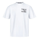 Das Alex Oversize-T-Shirt von trueprodigy hat einen Front- und Rückendruck mit dem trueprodigy-Logo und einer Rosenskizze, gefertigt aus schwerem Jersey-Stoff in Weiß, auf weißem Hintergrund.