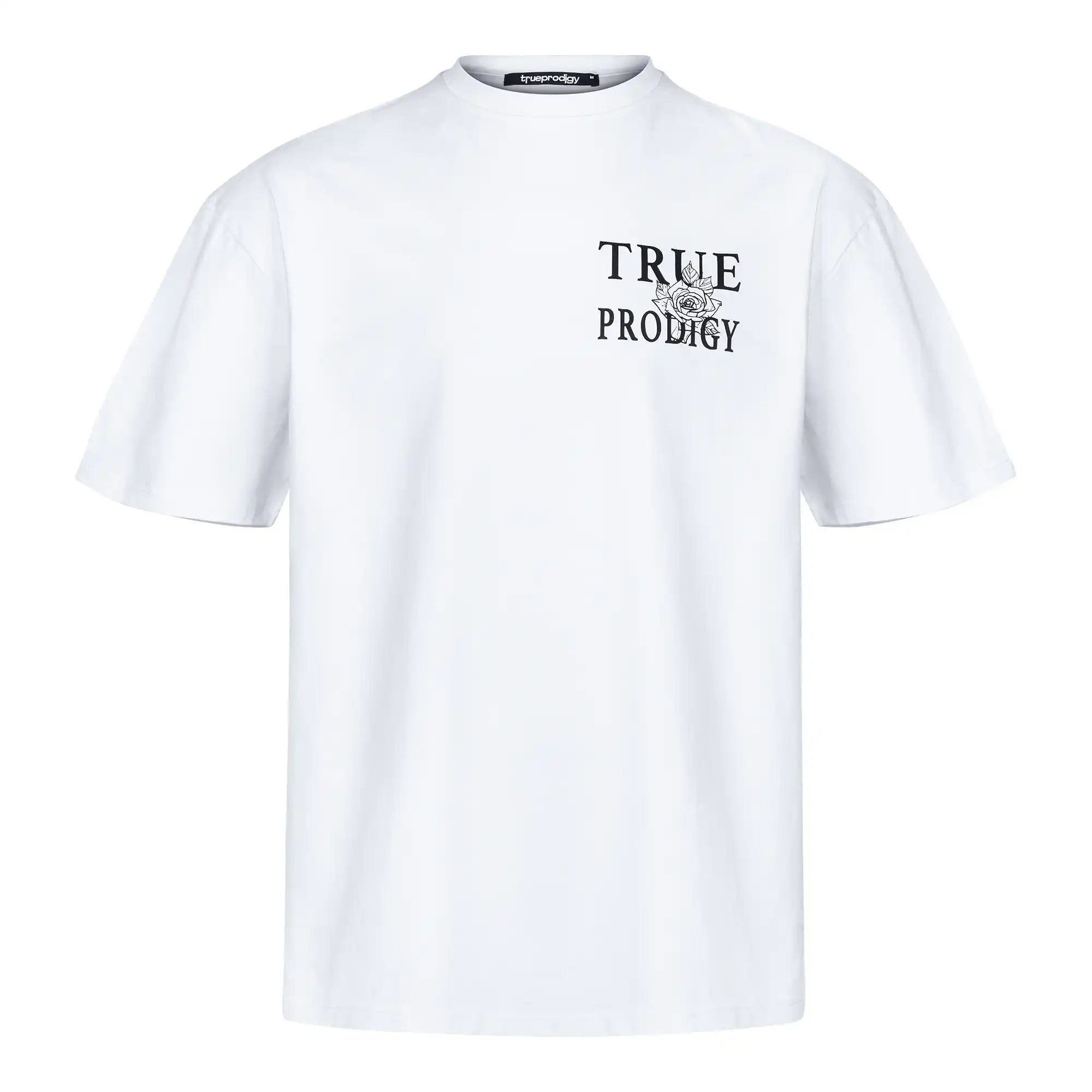 Das Alex Oversize-T-Shirt von trueprodigy hat einen Front- und Rückendruck mit dem trueprodigy-Logo und einer Rosenskizze, gefertigt aus schwerem Jersey-Stoff in Weiß, auf weißem Hintergrund.